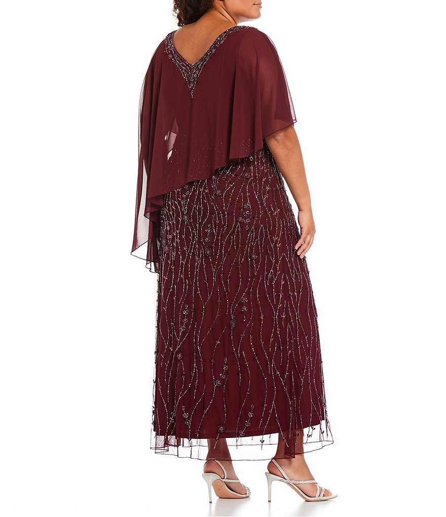Jkara Plus Size V-Neck Beaded Popover Long Lined Gown