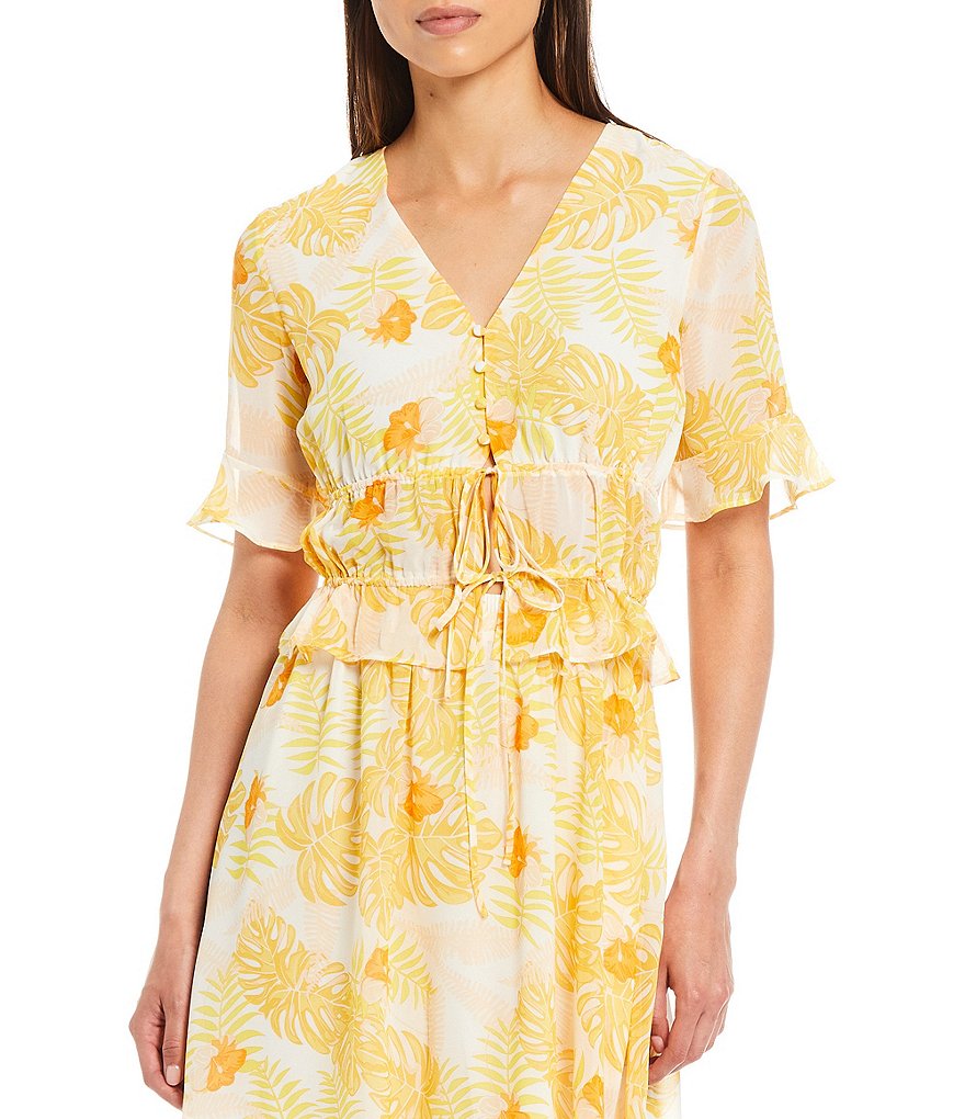 Lucy Paris Palm Print Smocked Bodice Coordinating Short Sleeve Top