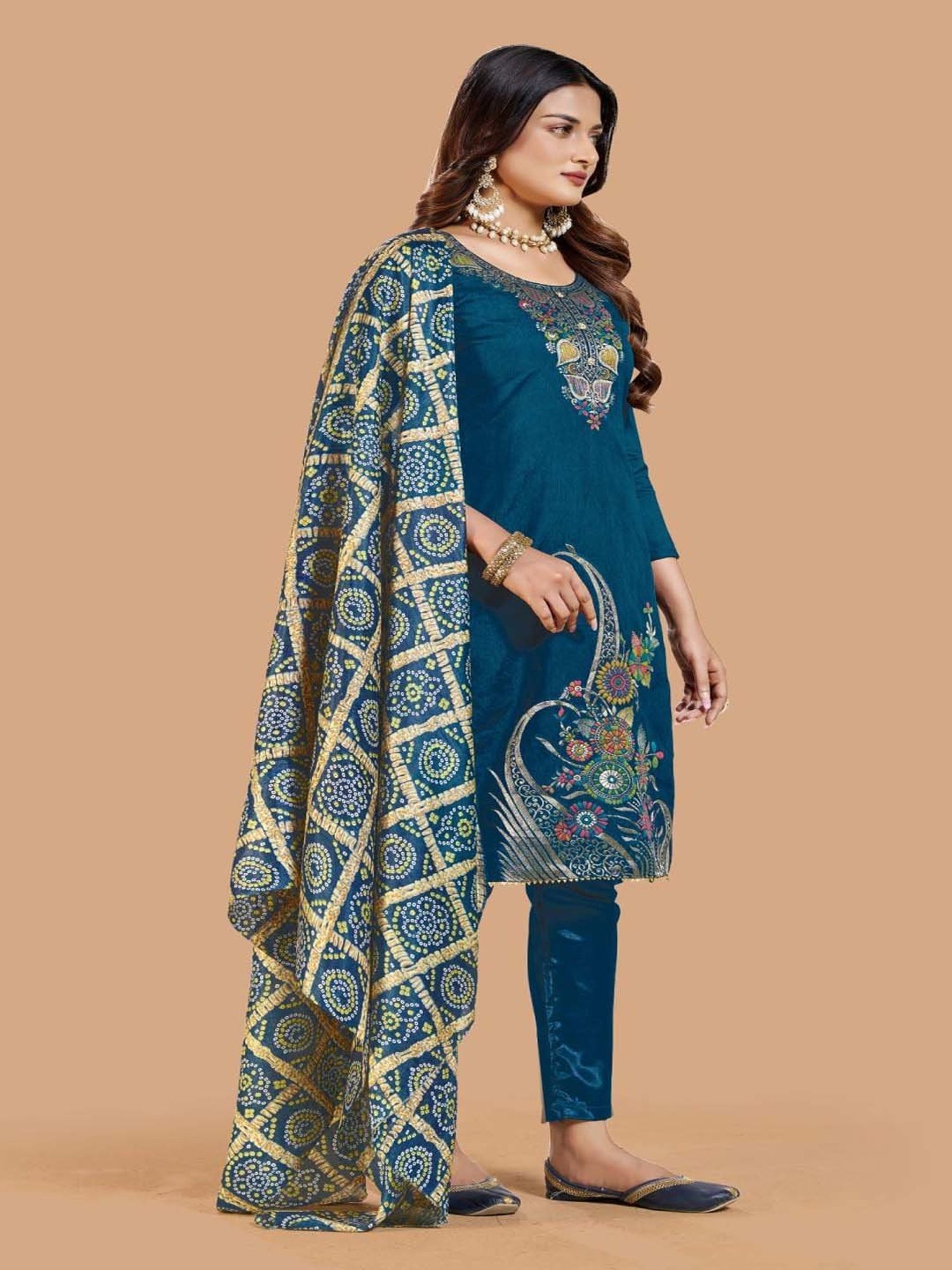 APNISHA Teal Blue Cotton Woven Pattern Unstitched Dress Material