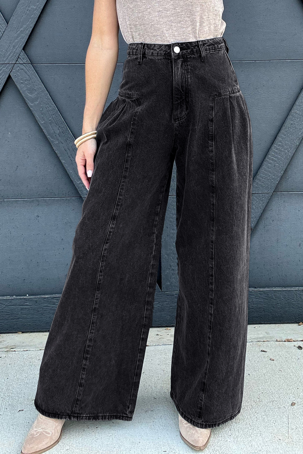 Dark Grey Pleated Wide Leg Mineral Wash Jeans