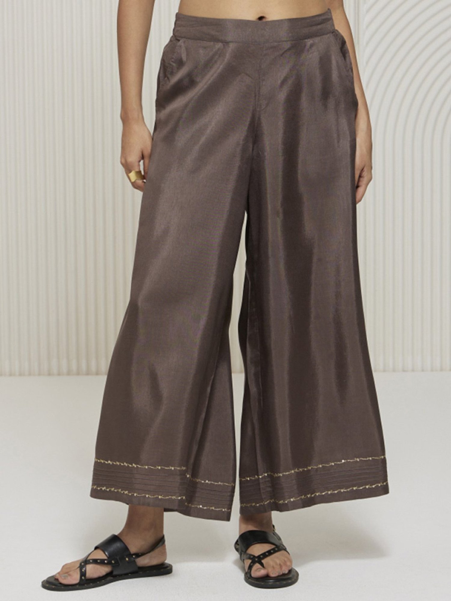 Artagai Granite Grey Elevated Basics Palazzo with Pin Tucks and Embroidery At Hemline