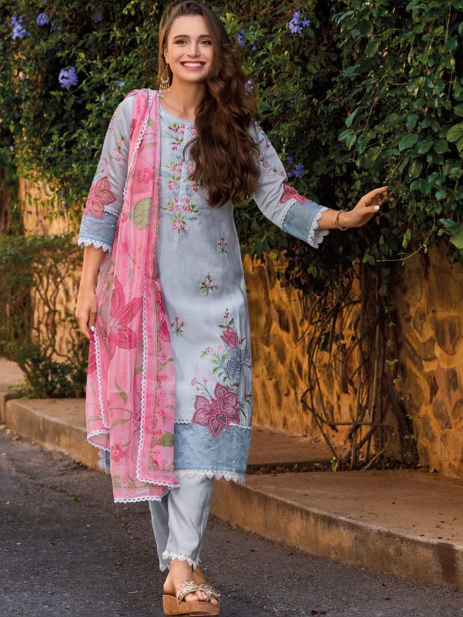Autumnlane Afia Softblue Full Work Pakistani Kurta with Pant and Dupatta