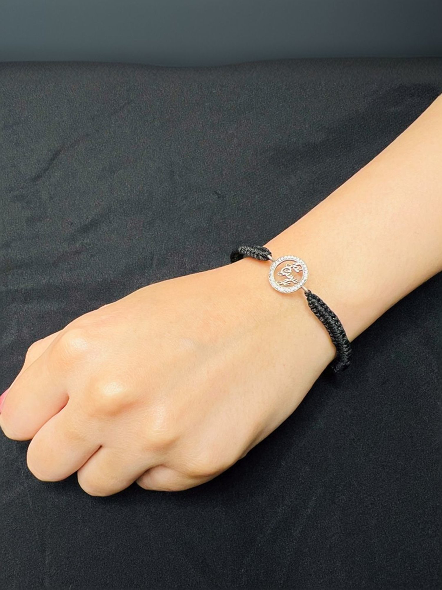 Arte Jewels 925 Silver Jai Guru Ji Initial Black Thread Adjustable Zirconia Bracelet for Women/Girls