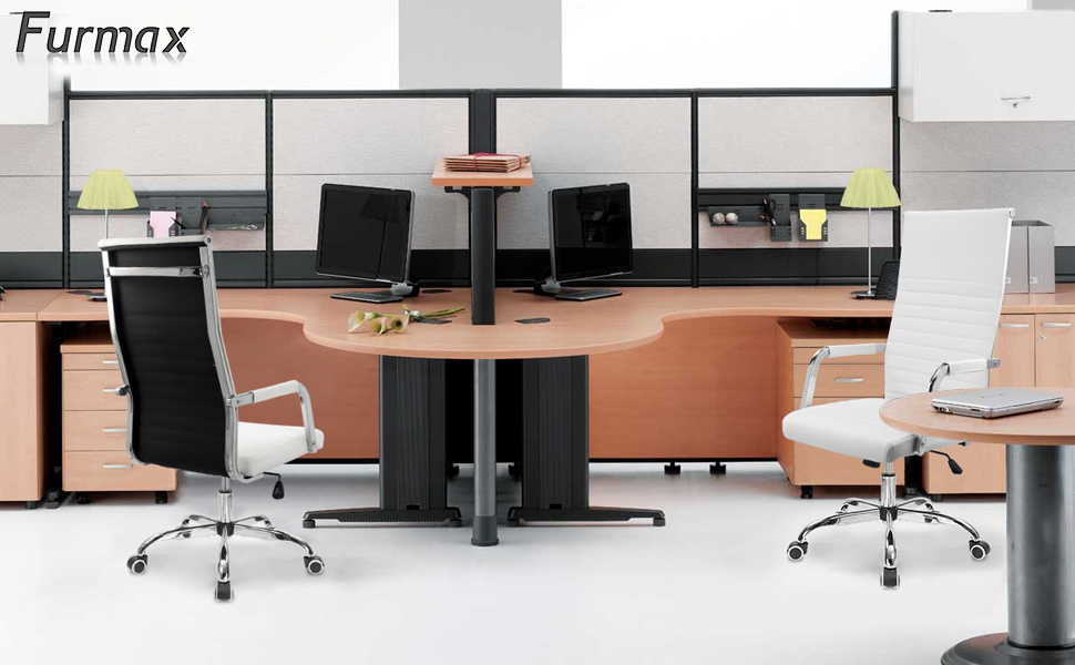 Furmax Ribbed Office Chair High Back PU Leather Executive Conference Desk Chair Adjustable Swivel Chair With Arms (Black)