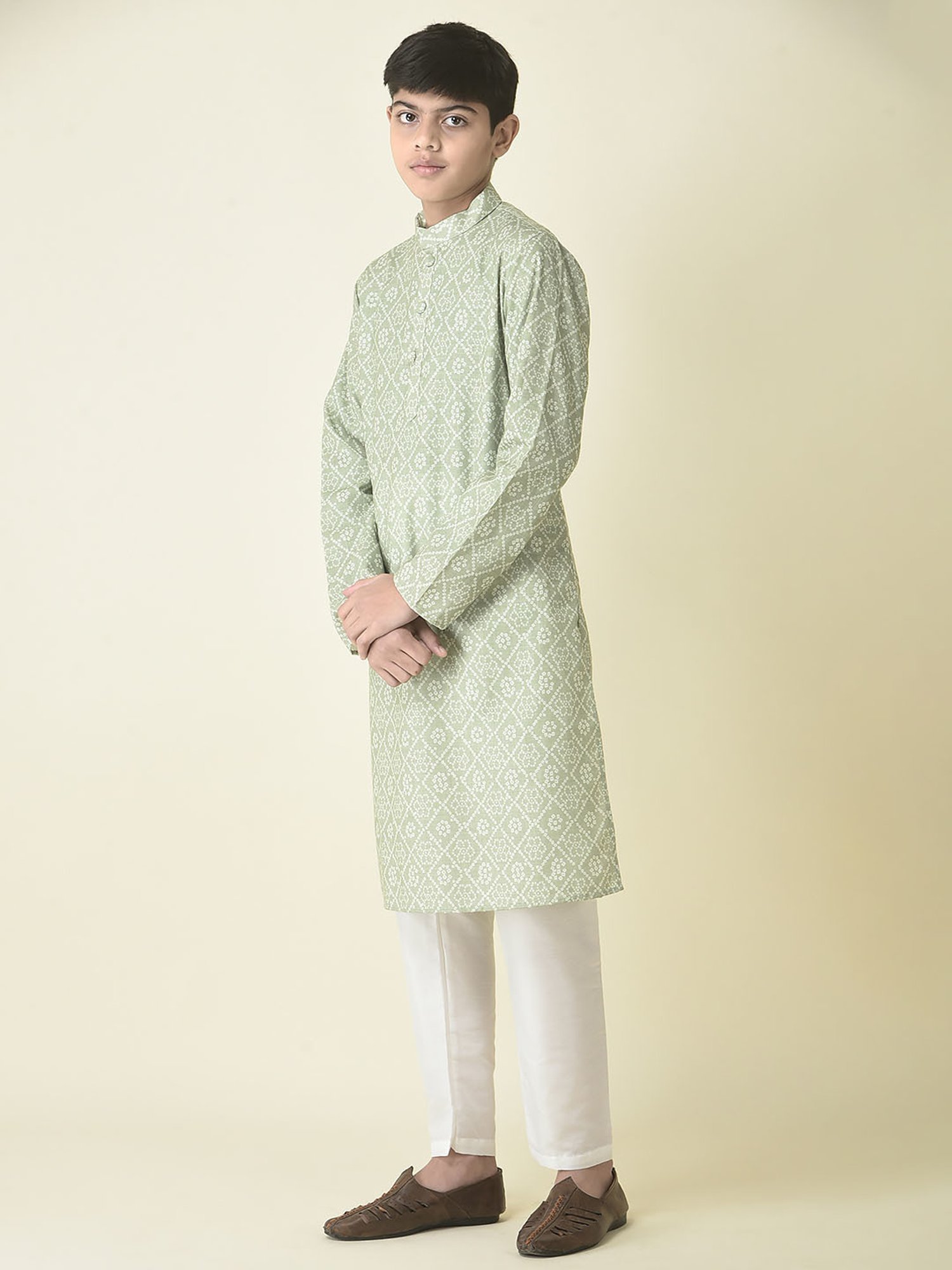 TABARD Kids Green & White Printed Full Sleeves Kurta with Churidar