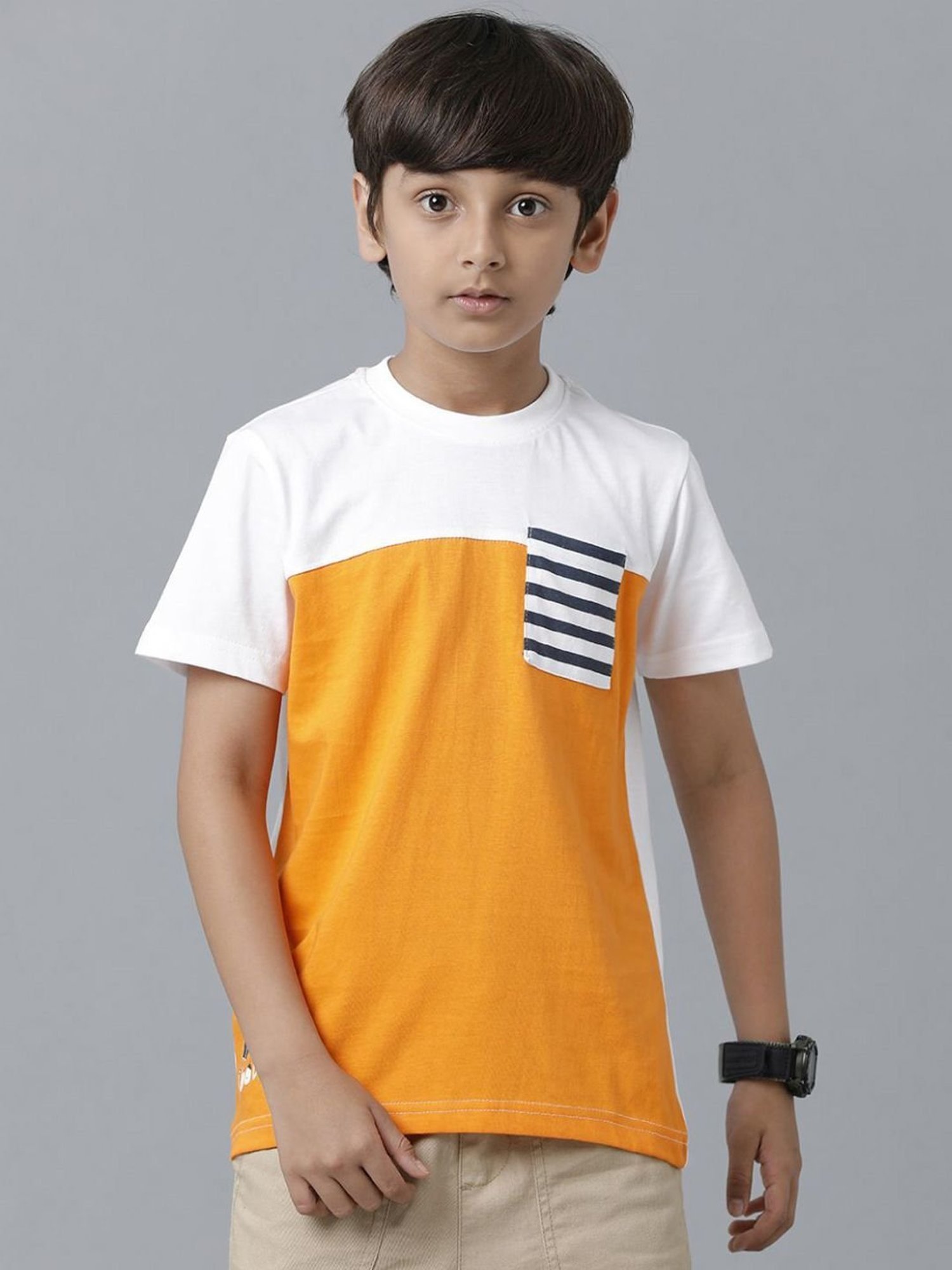 Under Fourteen Only Kids White & Orange Cotton Color Block T-Shirt