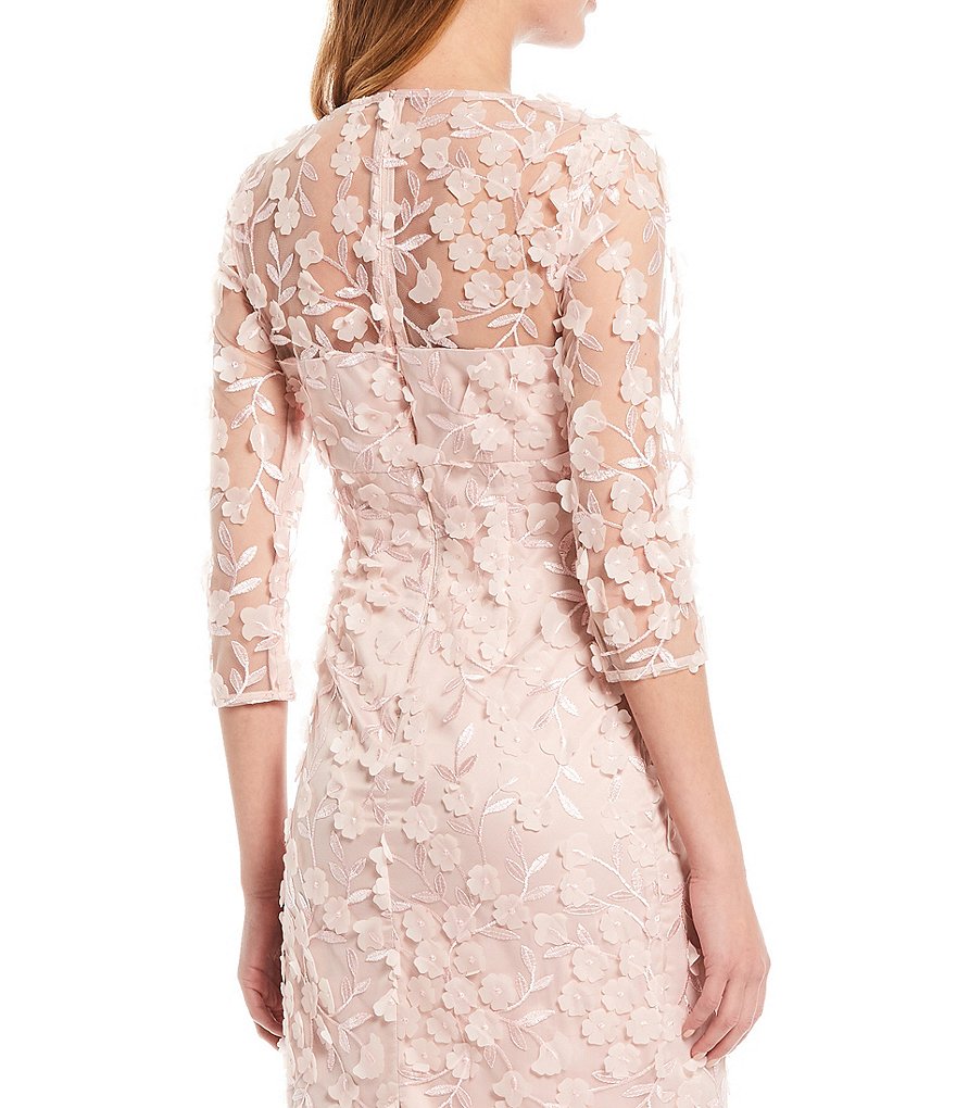 Eliza J 3D V-Neck 3/4 Sheer Sleeve Floral Mesh Sheath Dress