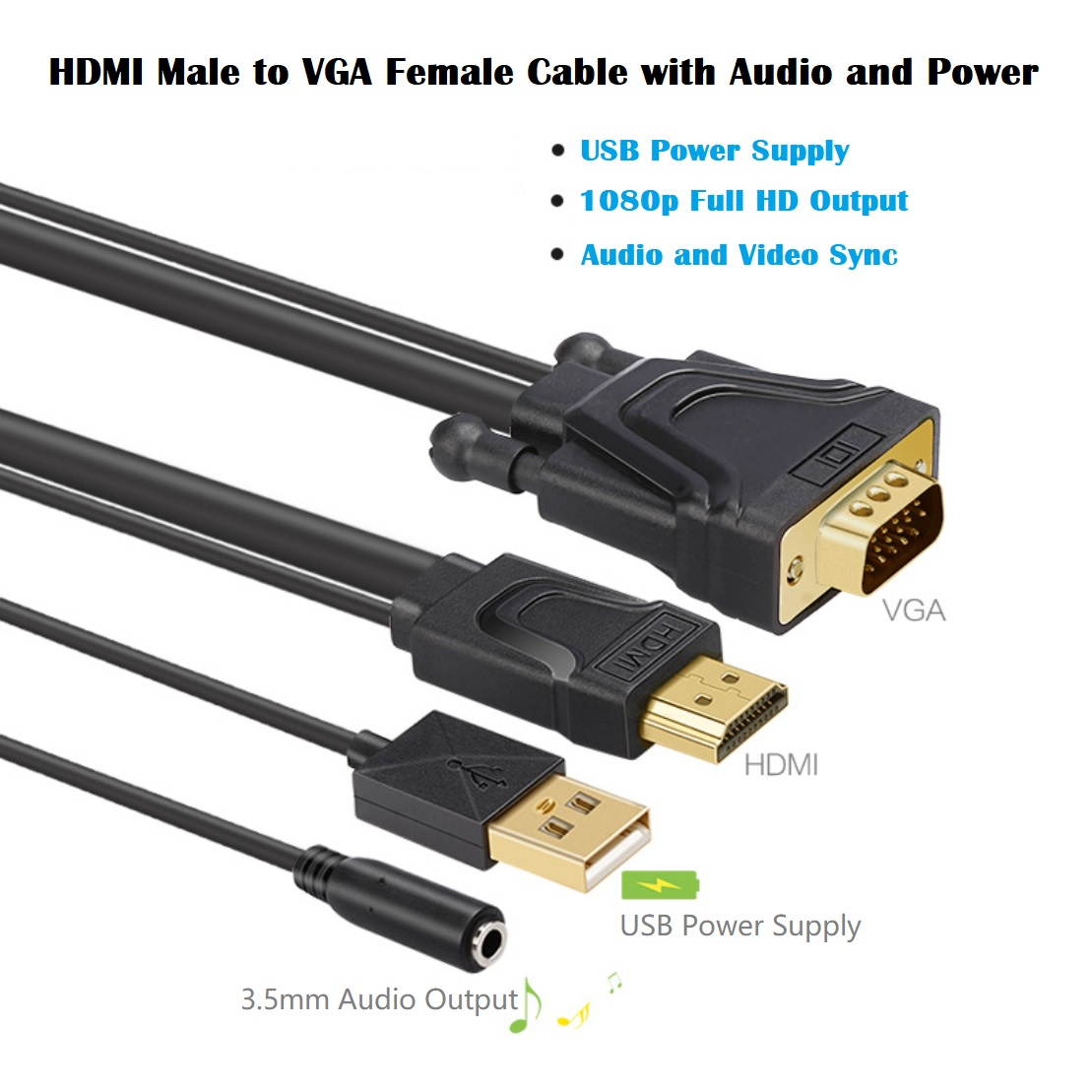 1.8m HDMI to VGA Cable Male To Famale Converter 1080P Video Cable with 3.5mm Audio and USB Power Supply.