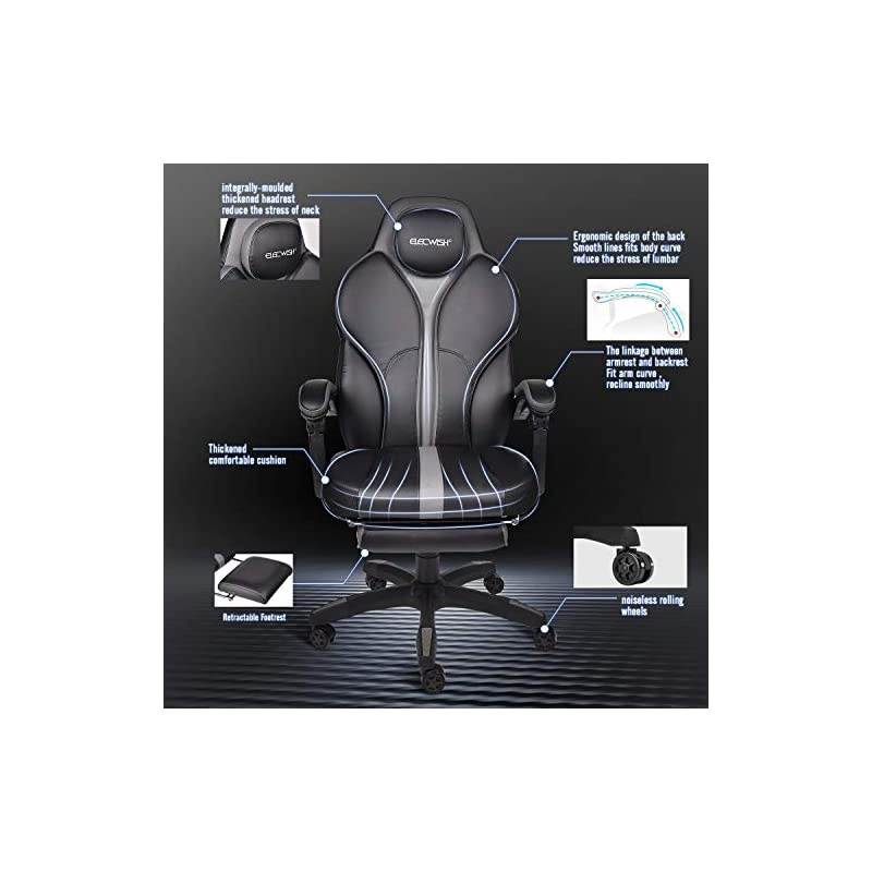 Gaming Chair Ergonomic High Back Racing Style with Adjustable Armrest and Retractible Footrest PU Leather Back Recliner Swivel Rocker Office Chair(2020) Gray