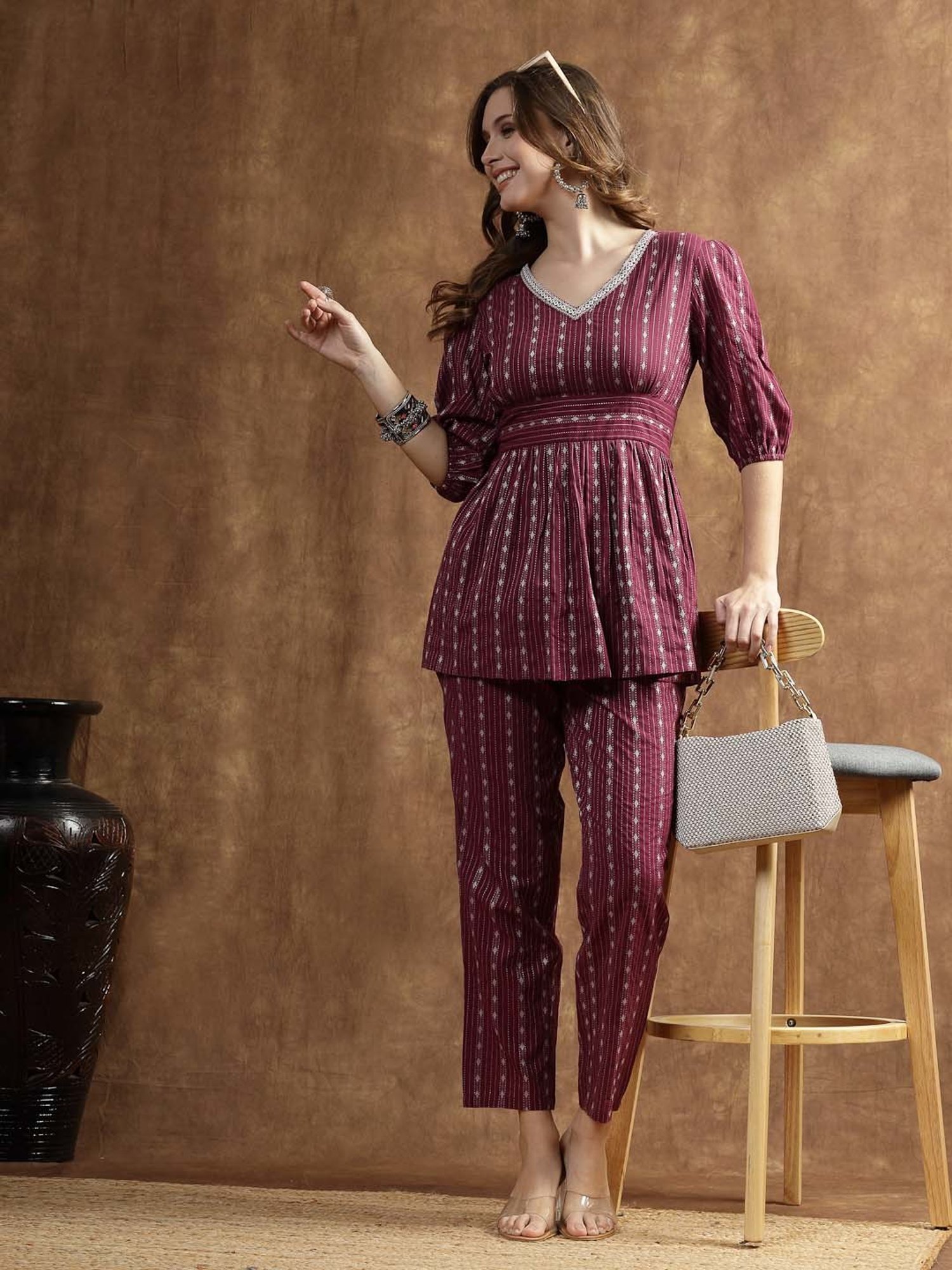 Stylum Purple Cotton Embroidered Kurti Pant Set