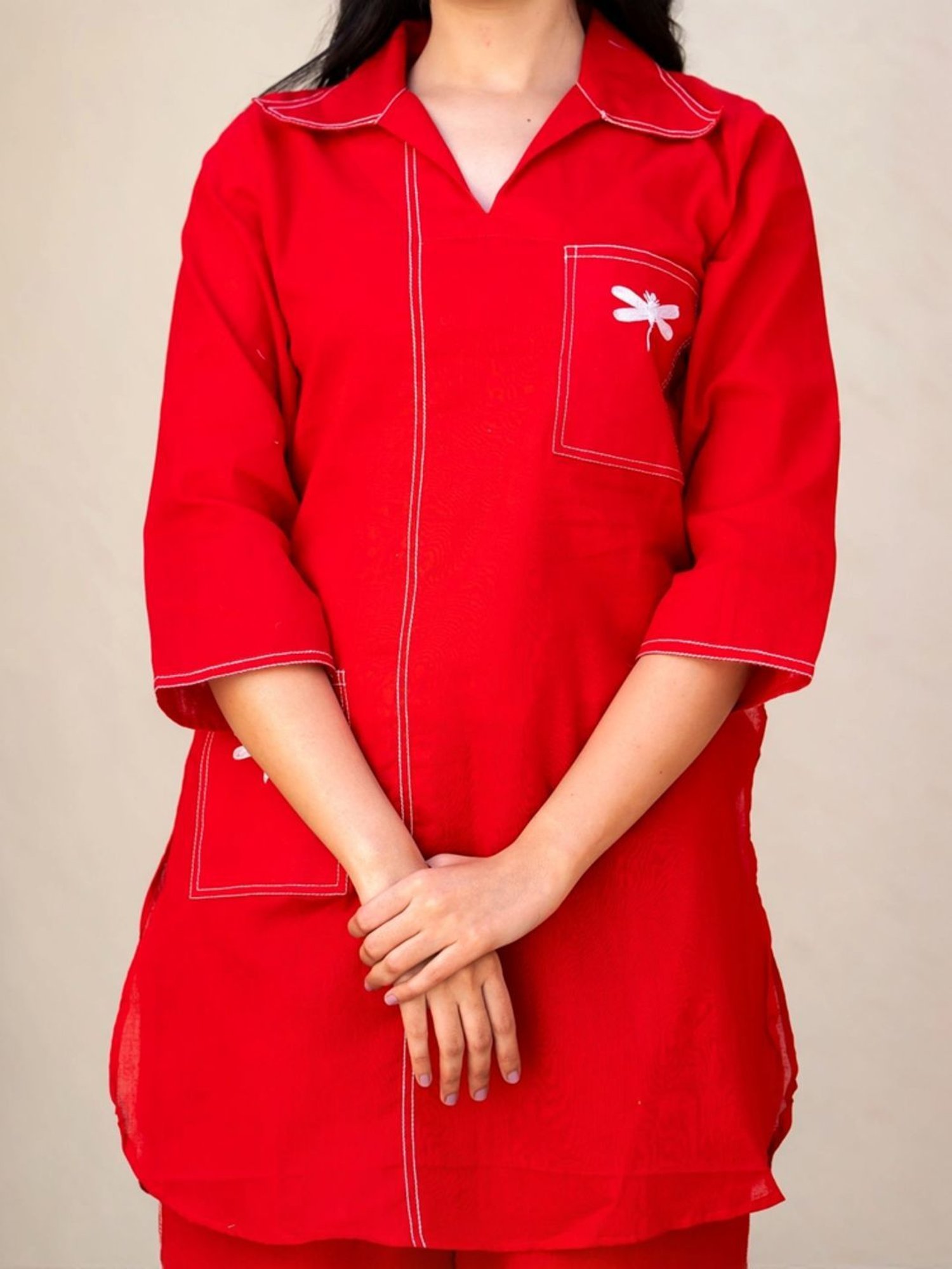 HOUSE OF JAMOTI Red Cotton Tunic Palazzo Set