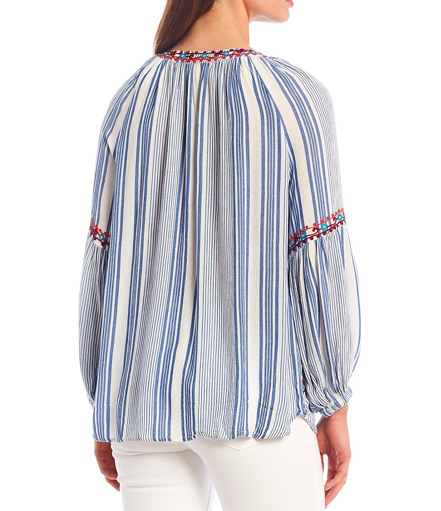 Tru Luxe Jeans Stripe Floral Embroidery Long Sleeve Peasant Top