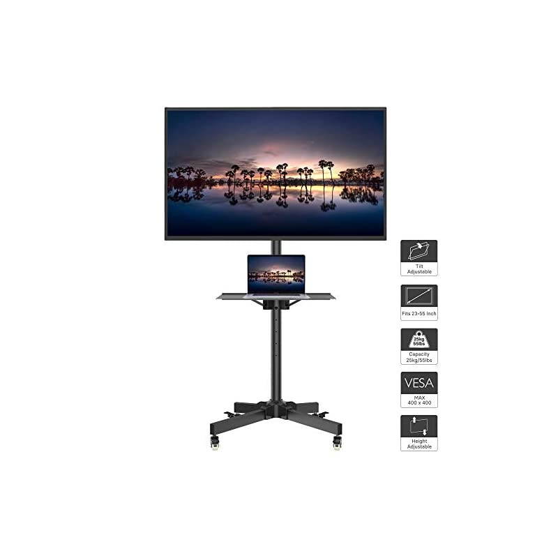 TV Stand, Mobile TV Stand with Wheels for 23-60 Inch LED, LCD, OLED Flat&Curved TVs, Height Adjustable TV Cart with Laptop Shelf and Locking Wheels, Holds Up to 55lbs Max VESA 400x400mm, Black