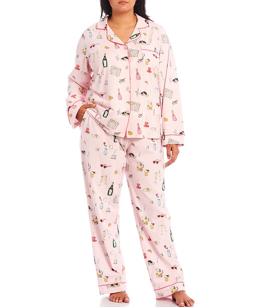 Bedhead Pajamas Plus #double;Let's Do Brunch#double; Printed Knit Notch Collar Long Sleeve Coordinating Pajama Set
