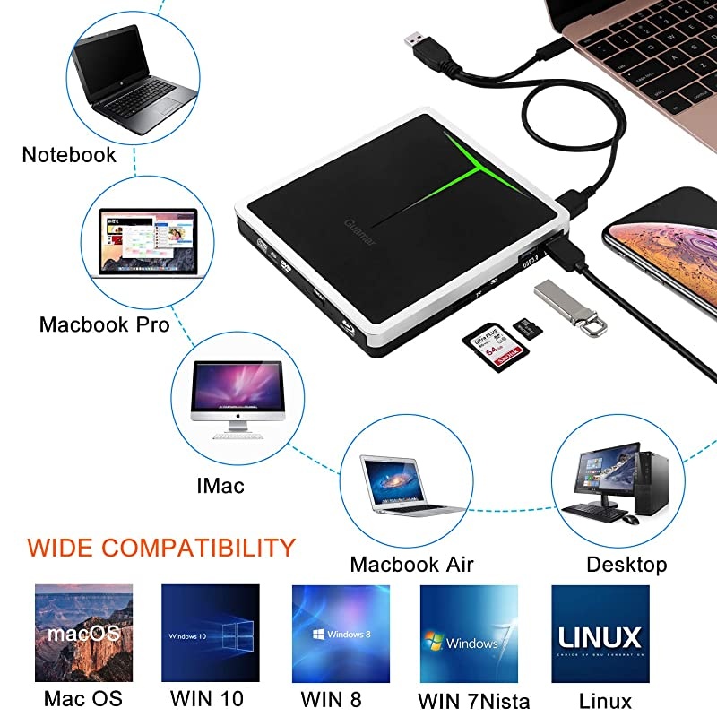 External Bluray DVD Drive, USB 3.0 and Type-C Blu-Ray Writer Portable DVD Burner Slim 3D Bluray BD CD DVD Drive Player for Laptop Mac OS PC Desktop Windows Support SD/TF Card Reader