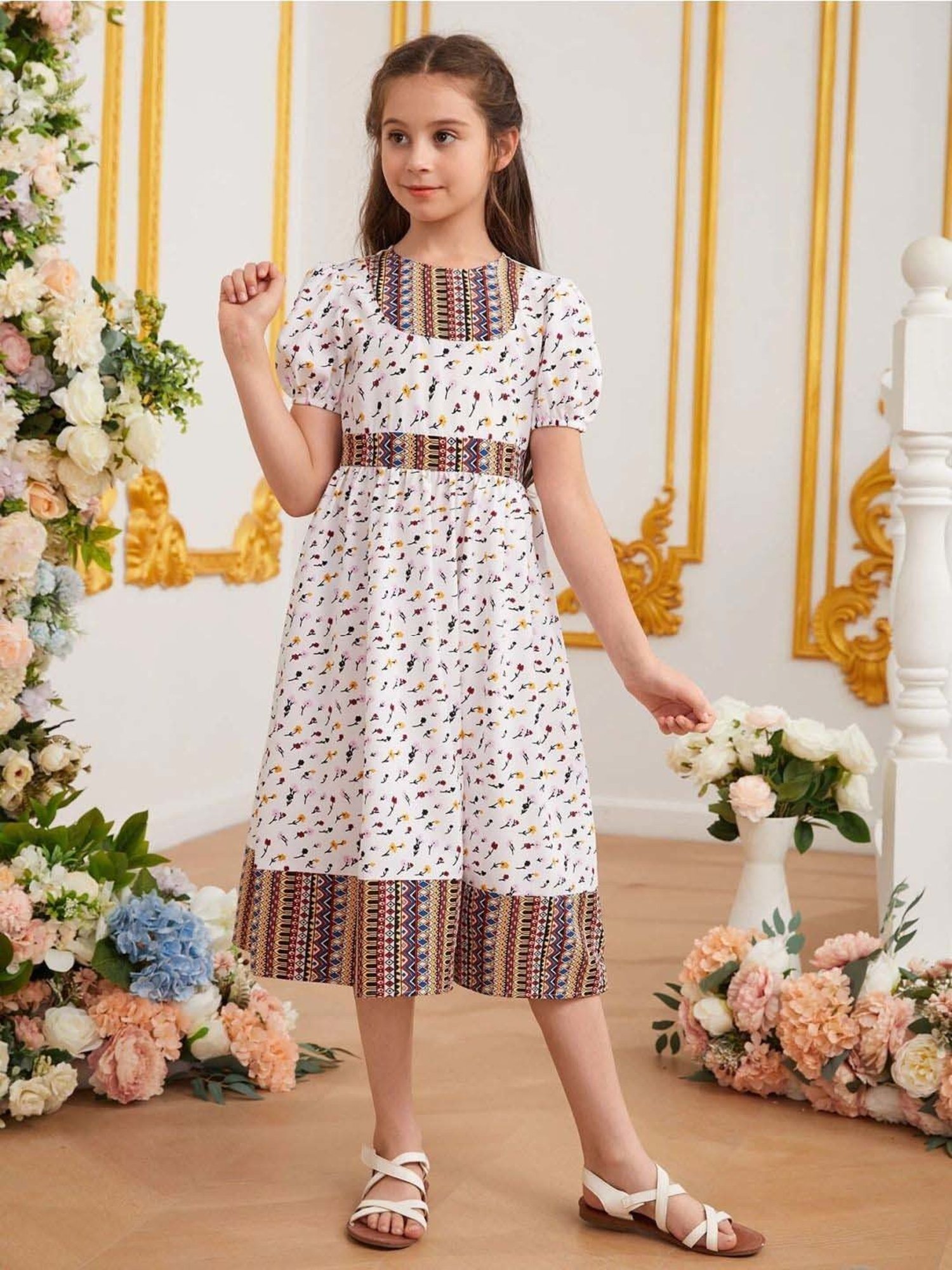 Bolly Lounge Girls White & Brown Floral Dress