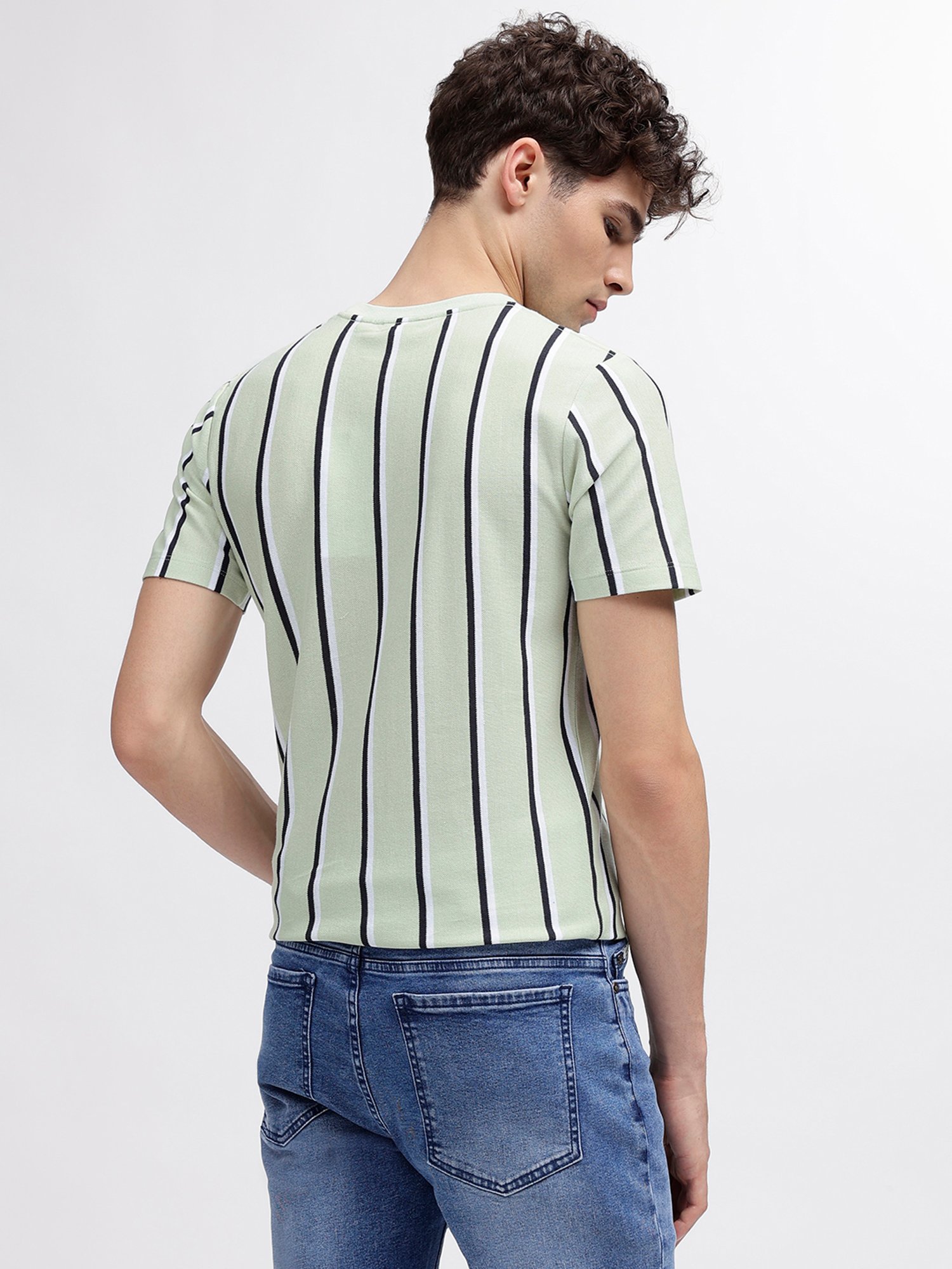 Lindbergh Light Green Regular Fit Striped Cotton Crew T-Shirt