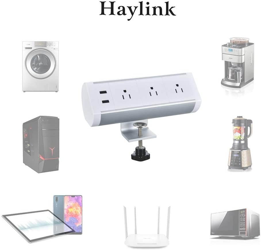 Haylink CE ROHS Approval Clamp Desktop Sockets 2 Port USB Charger 3 Outlet Strip 5ft Cord Home Office Reading Public Area Table Mount Multi-Outlets Aluminum Surge Protector Desk Strip (White)