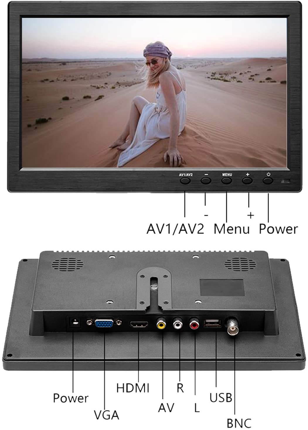 LCD Security CCTV Monitor, 10.1 Inch HDMI Camera Monitor HD 1024X600 with BNC, AVI, VGA, HDMI Input Cable,Compatible with PC CCTV Security Camera Car DVR