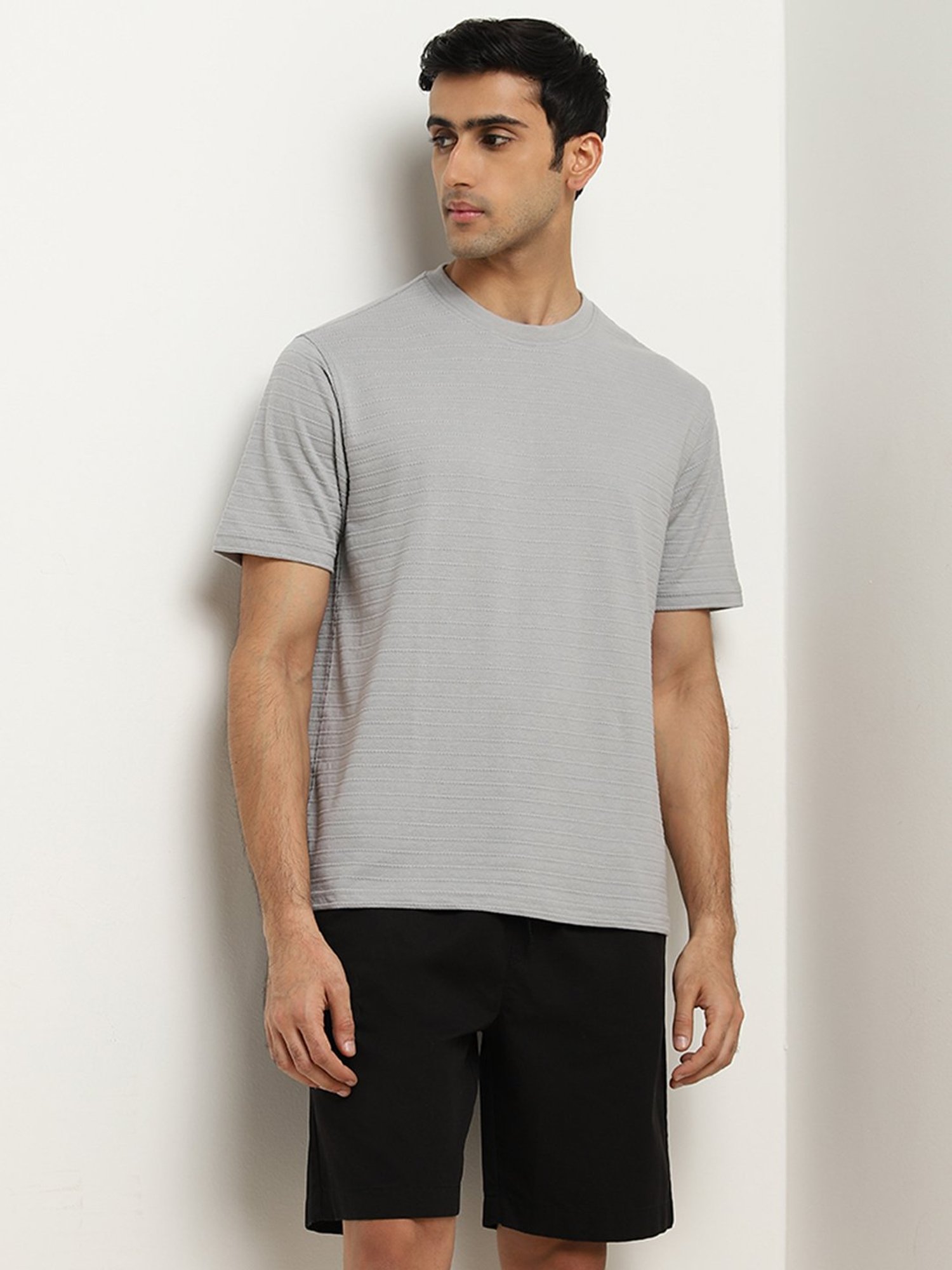 WES Lounge by Westside Grey Striped Knitted Relaxed-Fit T-Shirt