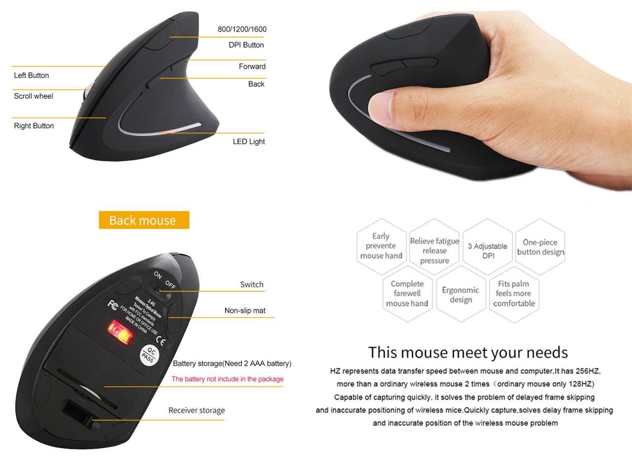 Sovawin Wireless Mouse 800 1200 1600 DPI Optical Mice Vertical Ergonomic Wrist Healing Mouse For Desktop Computer PC Game Mice