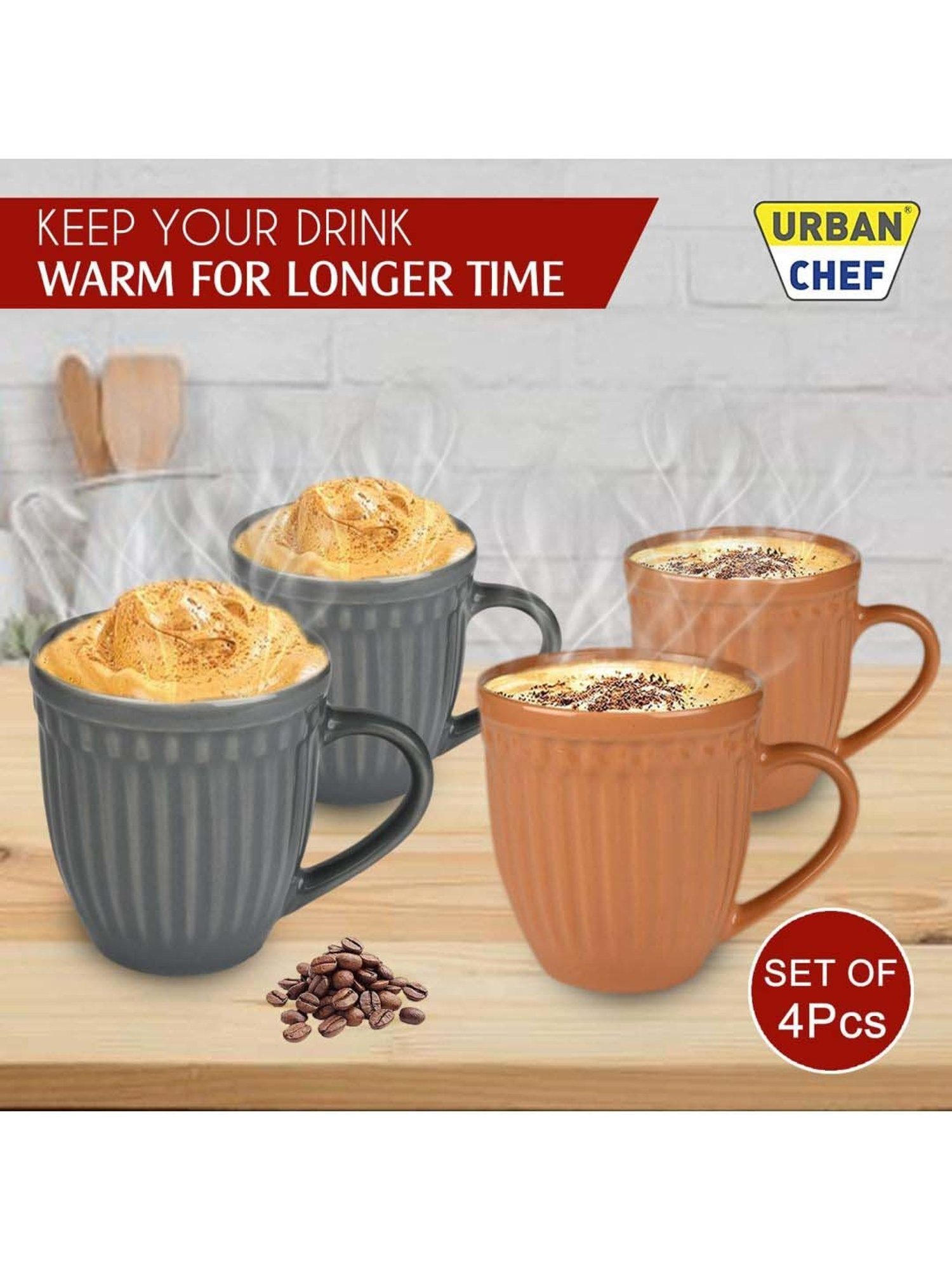 Urban Chef Grey & Brown Ceramic Handcrafted Microwave Safe Tea Cup - Set of 4
