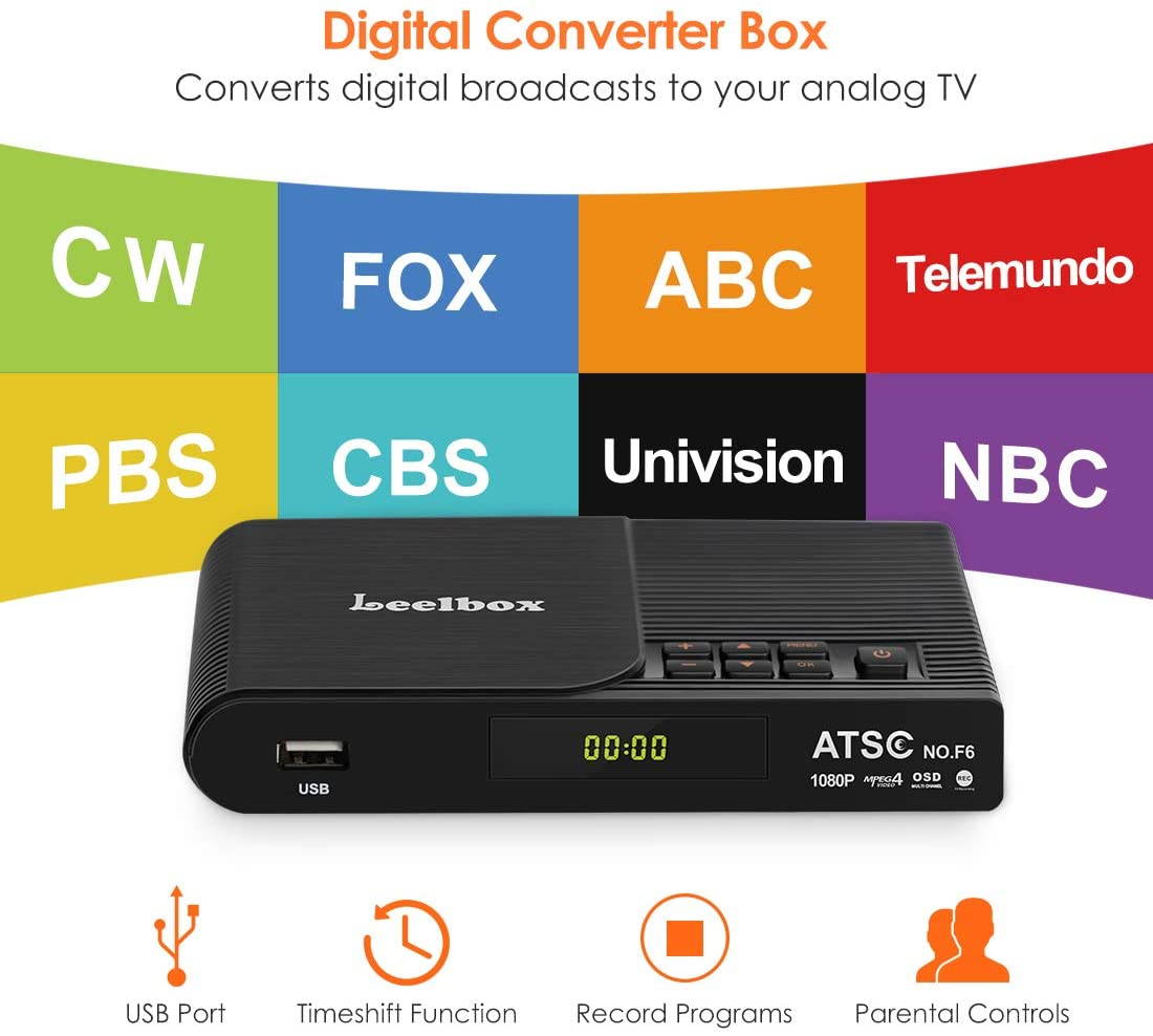 Leelbox Converter Box, 1080P ATSC Digital Tuner Box for Analog TV, Supports Recording PVR, Live TV Shows, Multimedia Playback, H.265 Video Decoding, IR Search, Free Local TV