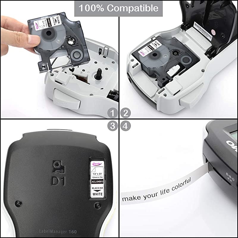 Compatible Label Tape Replacement for DYMO 45010 45013 45017 45018 45019 Label Tape Clear/White/Green/Red/Yellow 12mm Label Refills Work for LabelManager 160 210D 260P 280 360D 420P, 5-Pack