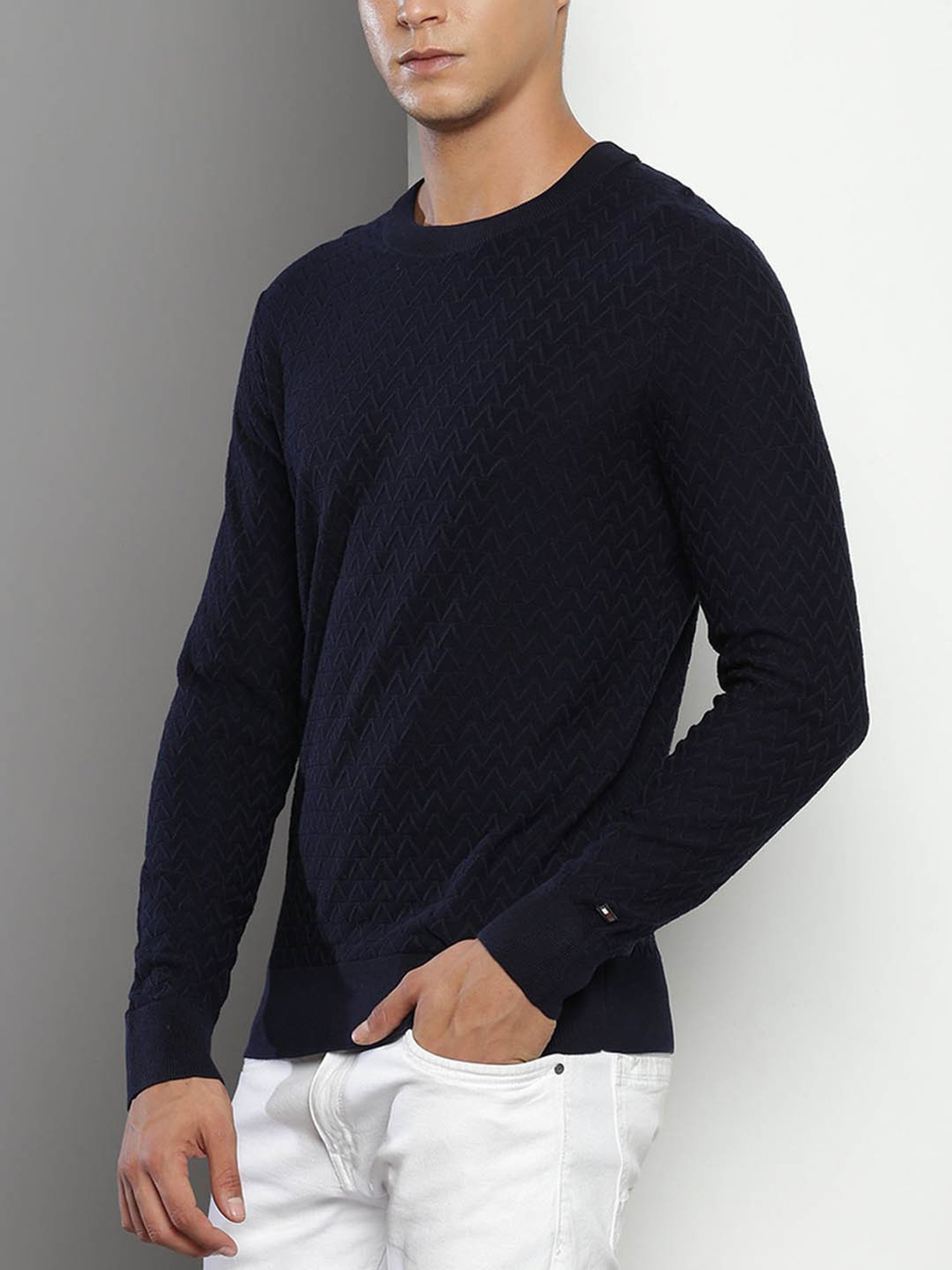 Tommy Hilfiger Navy Cotton Regular Fit Self Pattern Sweater