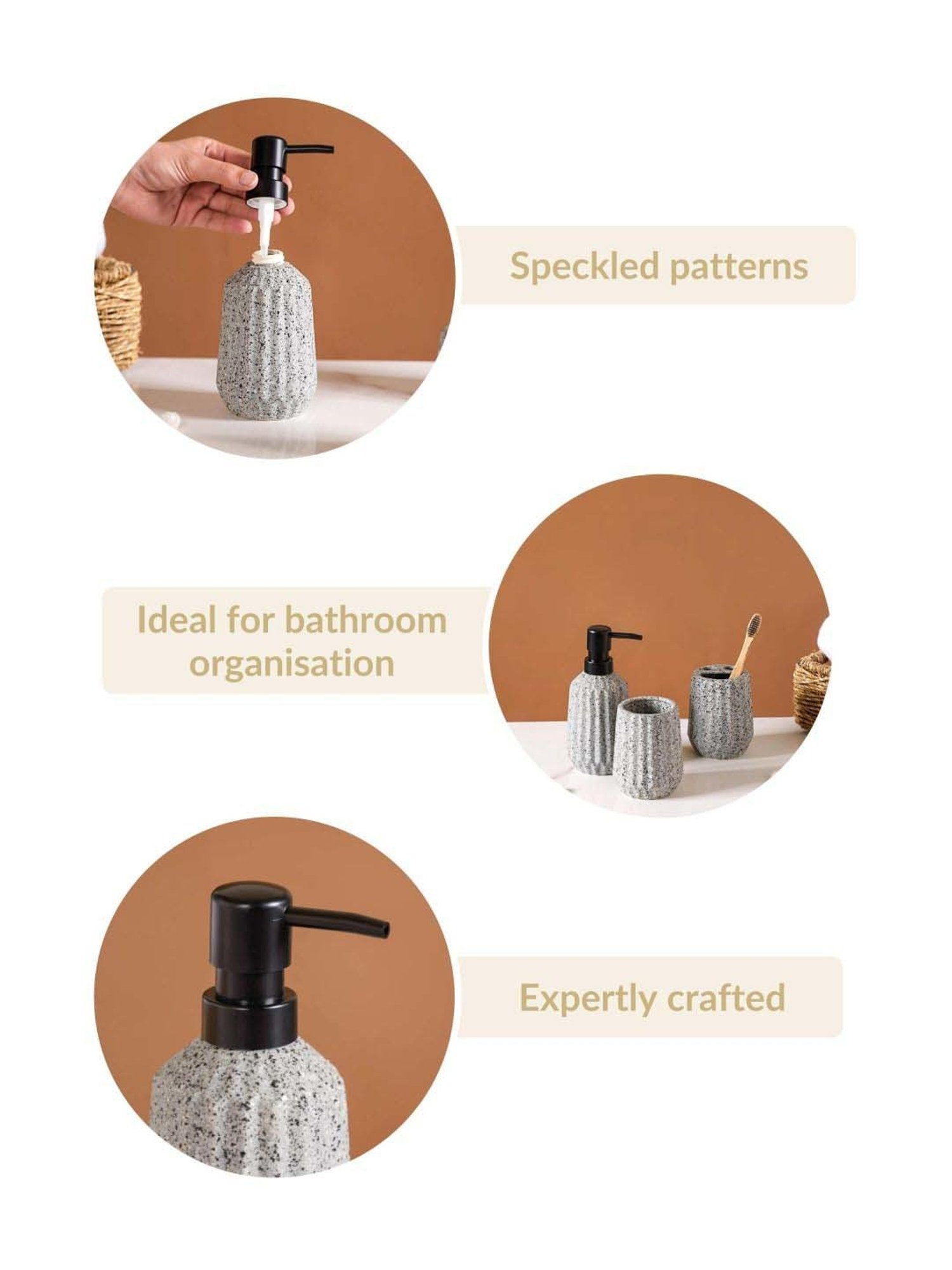 Nestasia Speckled Pattern Ribbed Design Ceramic Bathroom Accessories Set of 3 Granite-Grey