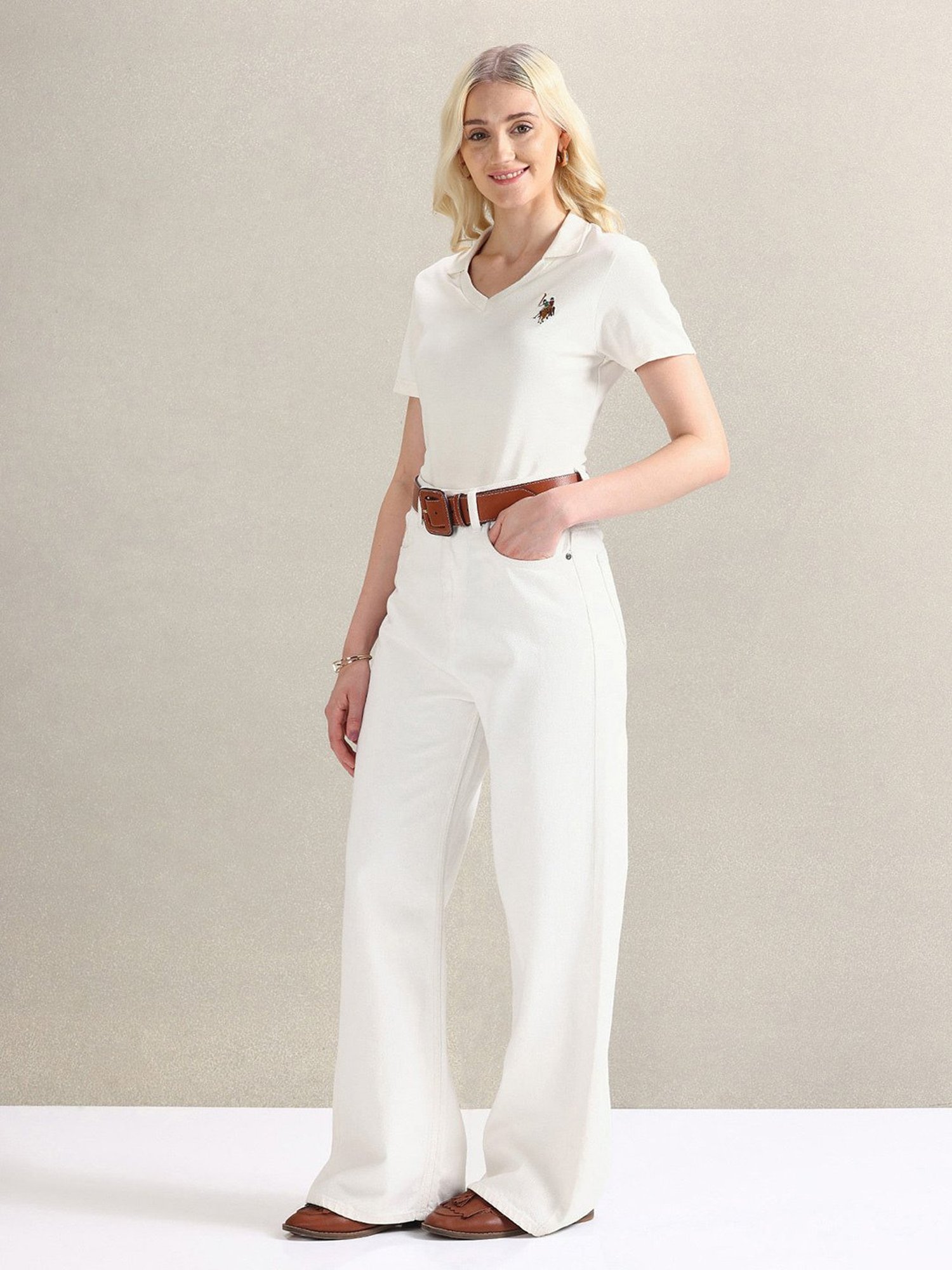 U.S. Polo Assn. Off White Logo Print Polo T-Shirt