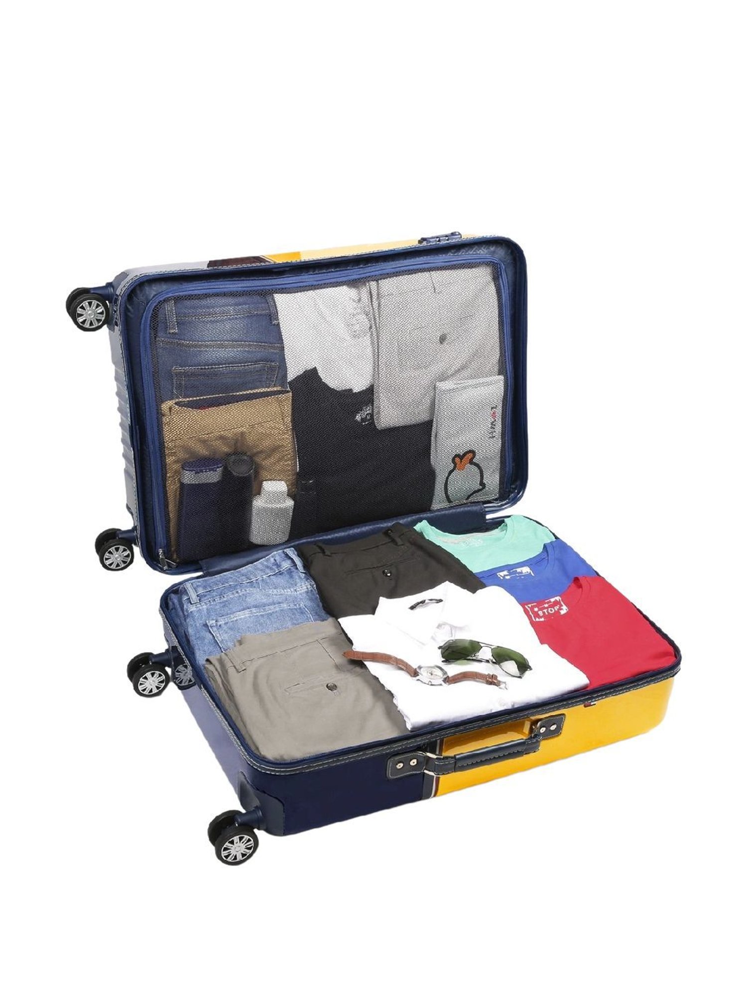 TOMMY HILFIGER Twins Pro Yellow & Navy 8 Wheels Large Hard Cabin Trolley Bag