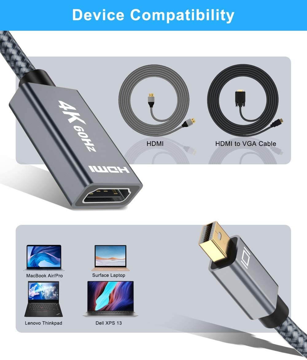 Mini DisplayPort to HDMI Adapter (2 Pack)4K 60Hz Mini DP MDP Male to HDMI 2.0 Female Converter(Thunderbolt 2 Compatible) for Mac MacBook Air 2017Microsoft Surface Book Pro 3 4 5 6Thinkpad