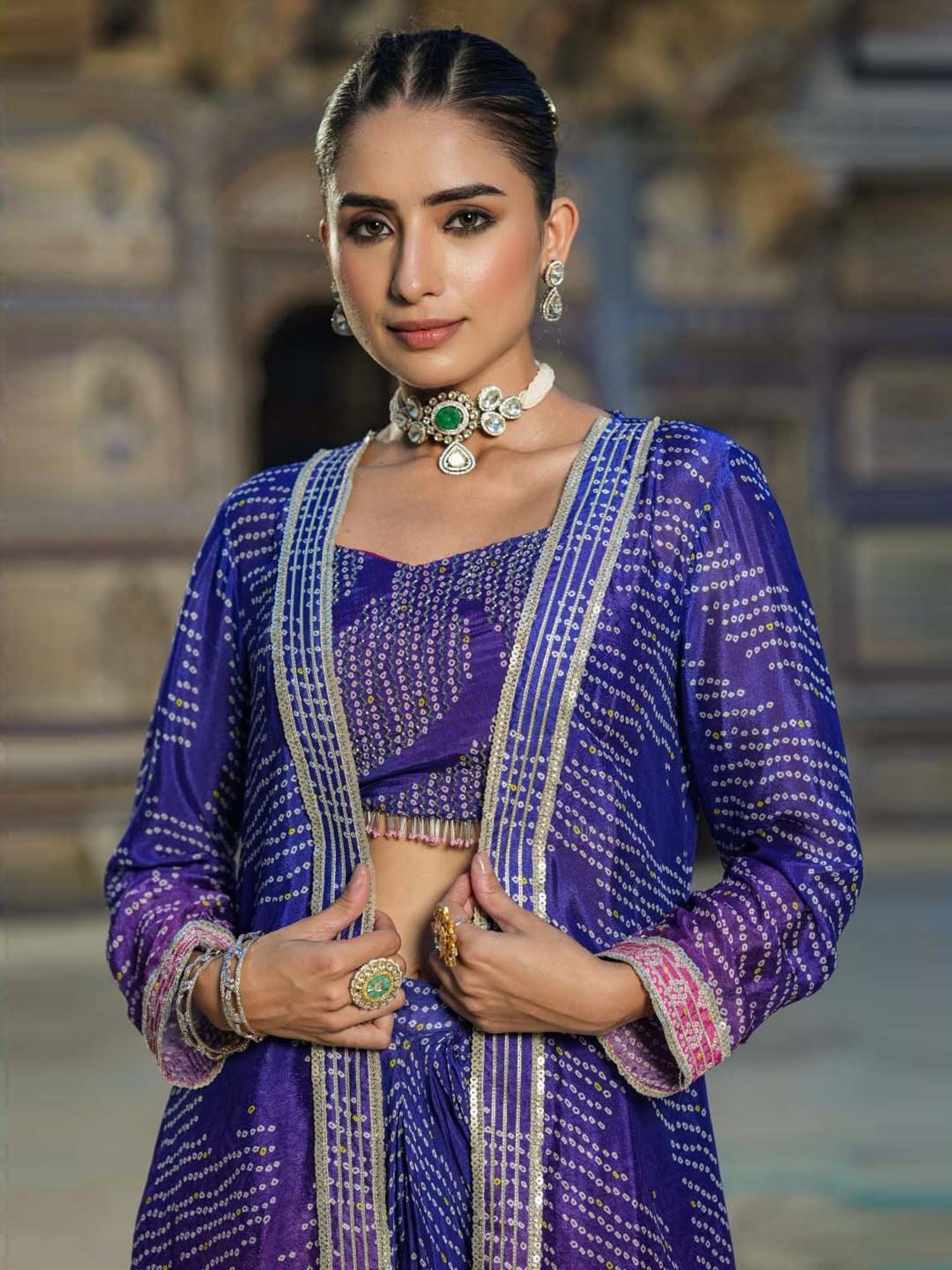 SCAKHI Blue Printed Lehenga Choli Set With Jacket