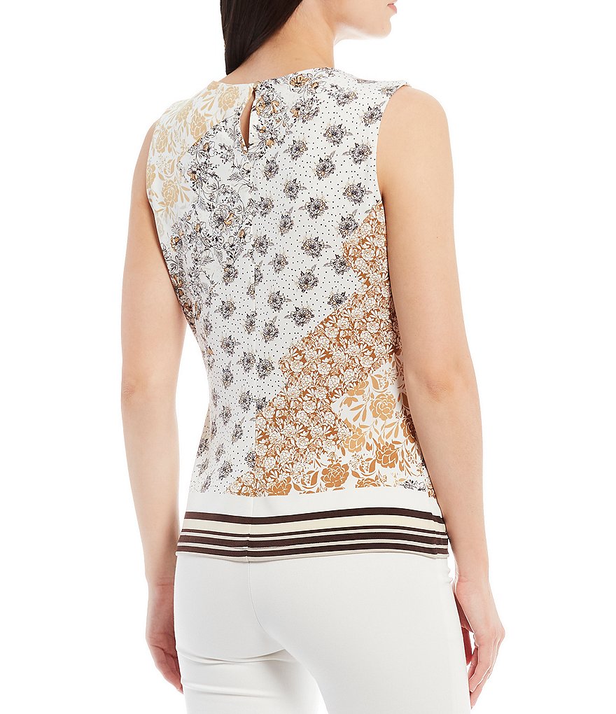 Calvin Klein Patchwork Floral Print Sleeveless Matte Jersey Pleat Jewel Neck Top