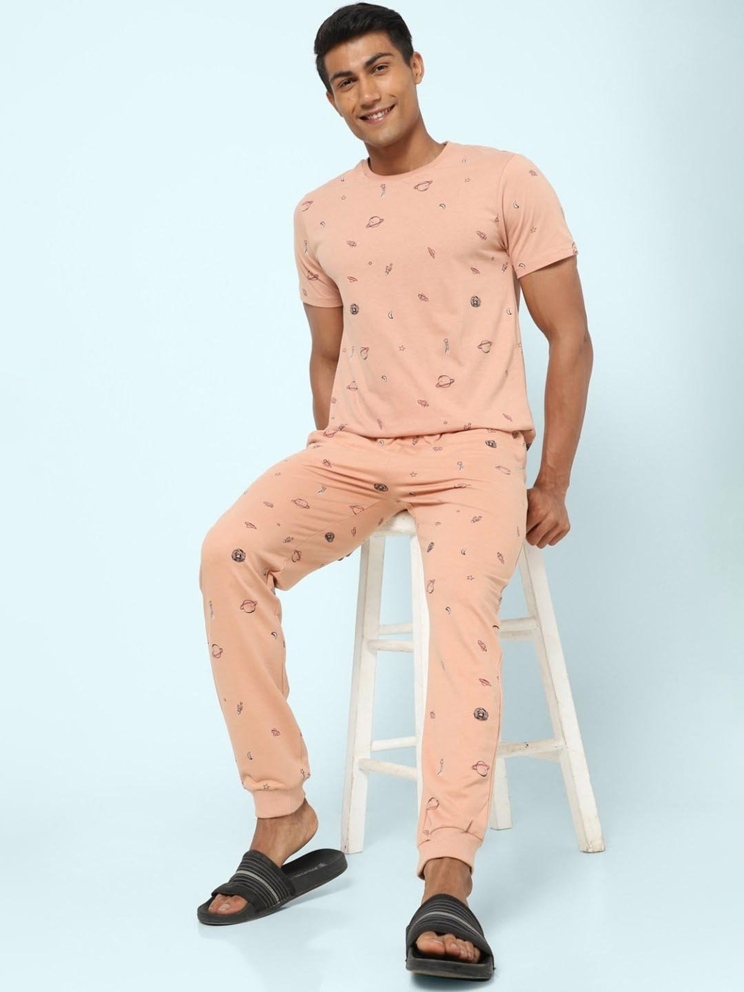 Ajile by Pantaloons Peach Cotton Slim Fit Printed Lounge T-Shirt
