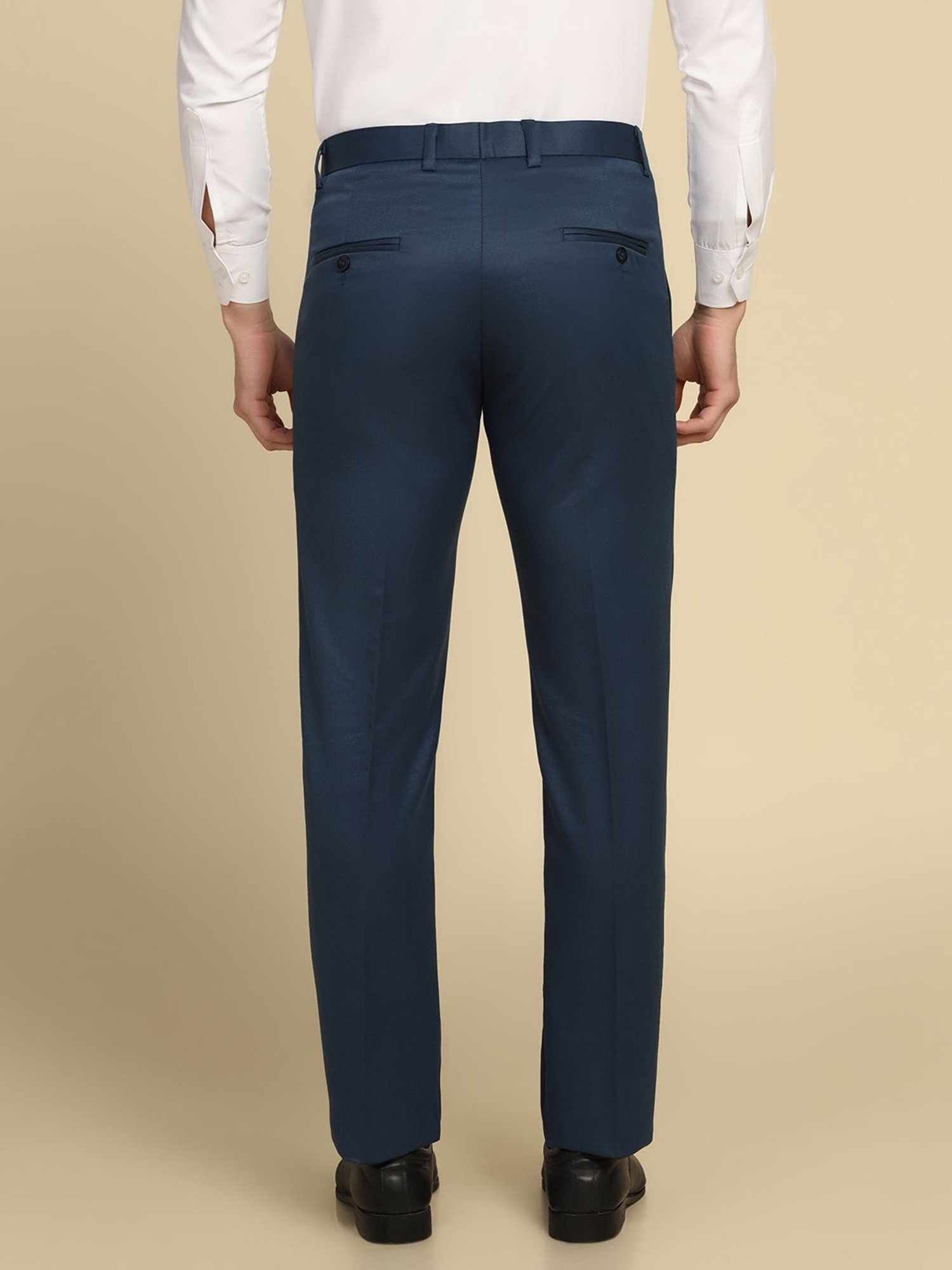 TAHVO Dark Blue Regular Fit Flat Front Trousers