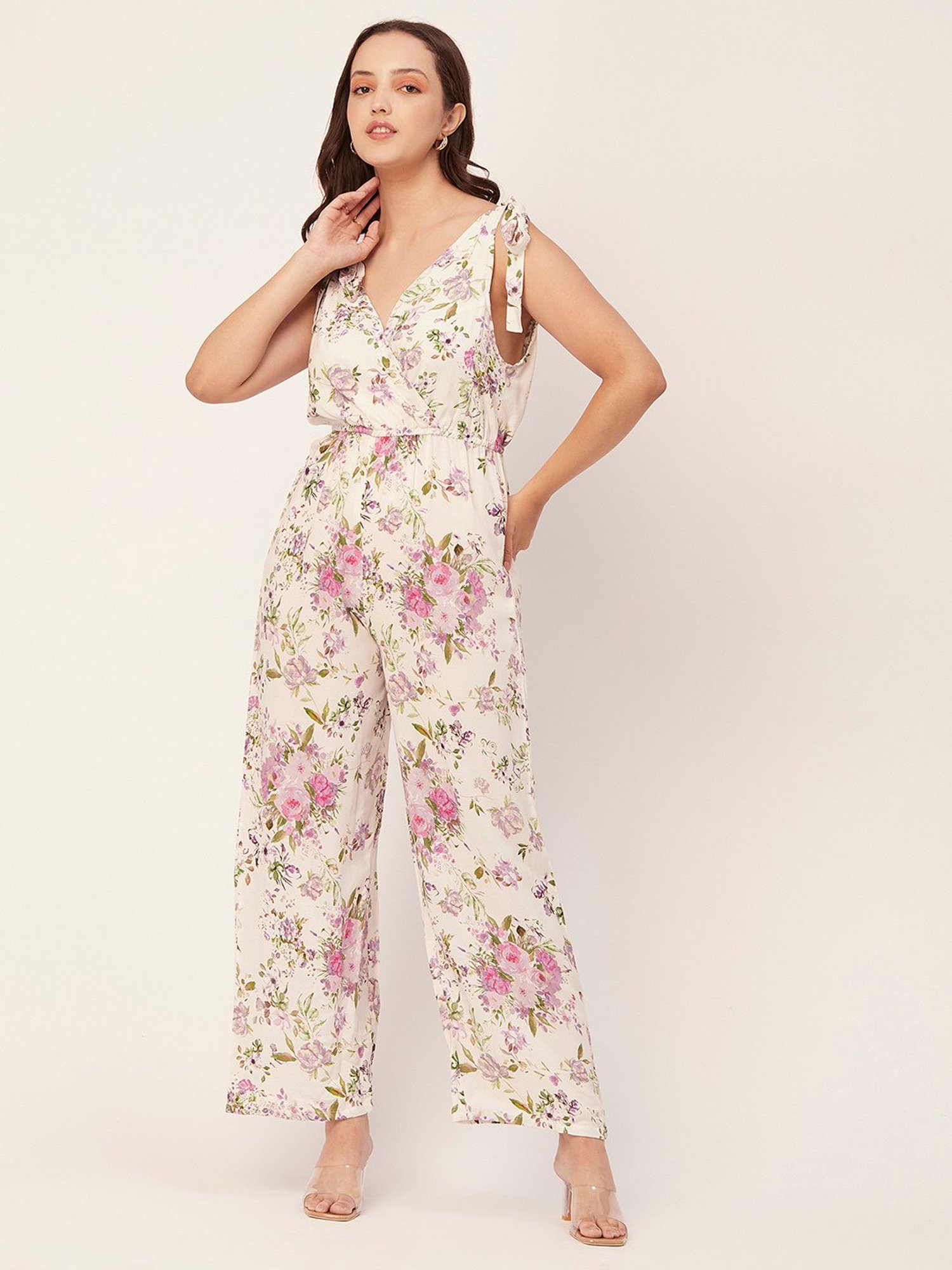 Moomaya White Floral Print Jumpsuit
