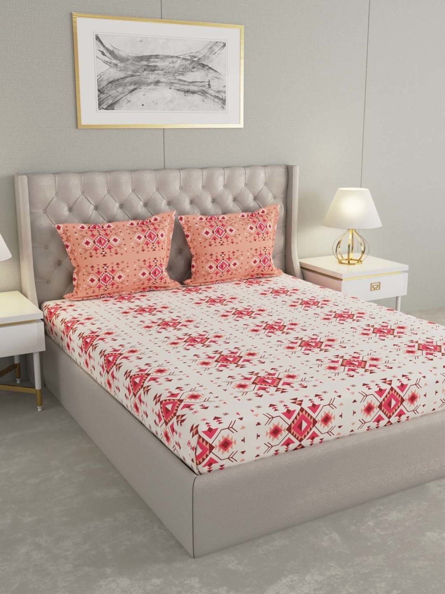 Raymond Home Red Cotton 177 TC Queen Bedsheet with 2 Pillow Covers