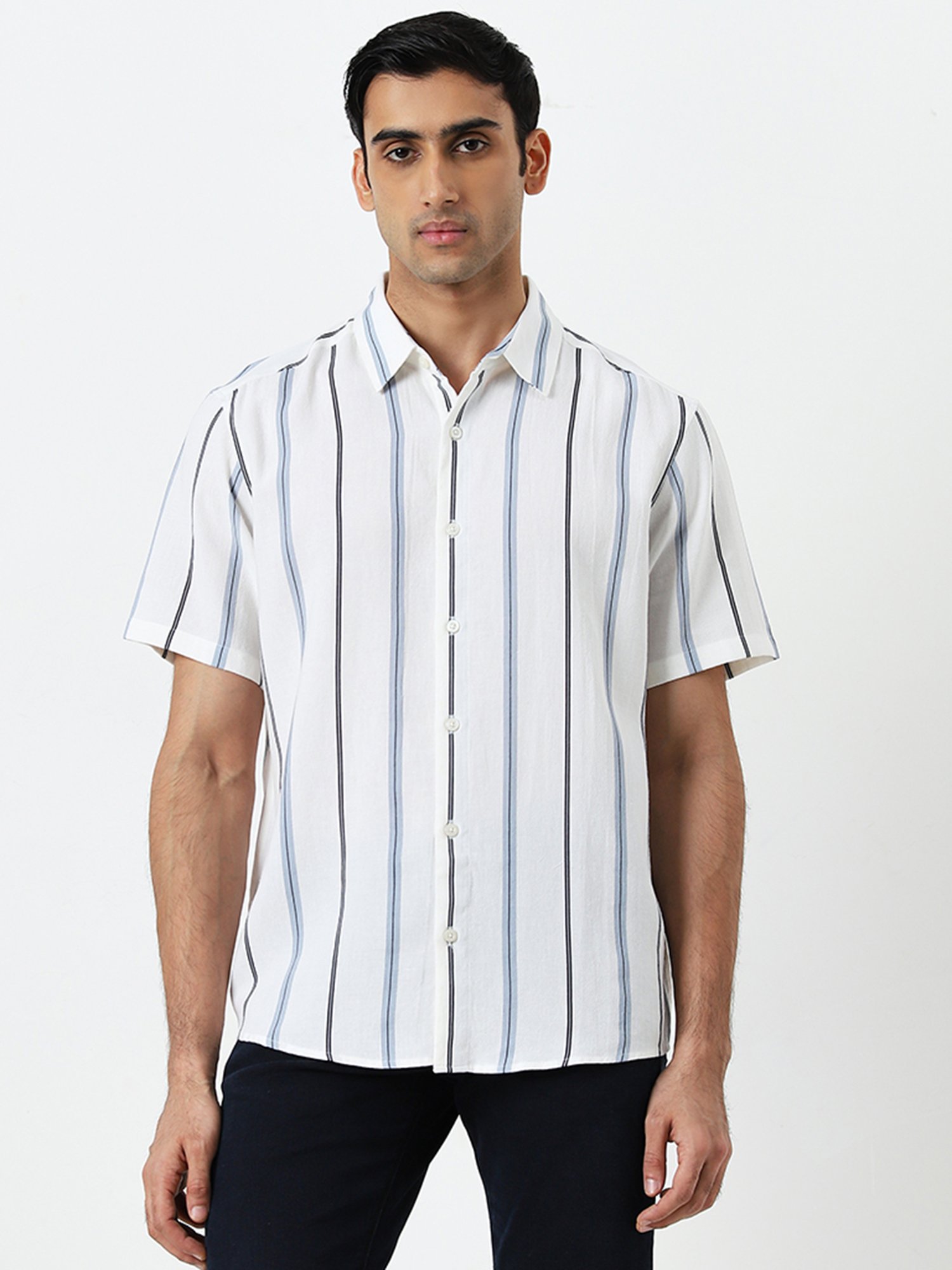 Ascot by Westside Off-White Striped Blended Linen Relaxed-Fit Shirt