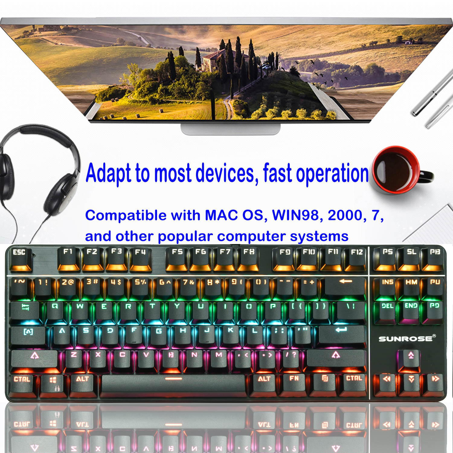 Mechanical Gaming Keyboard 87 Keys Small Compact Rainbow Backlit Spill-Resistant Keyboard USB Wired for PC Laptop Desktop Computer