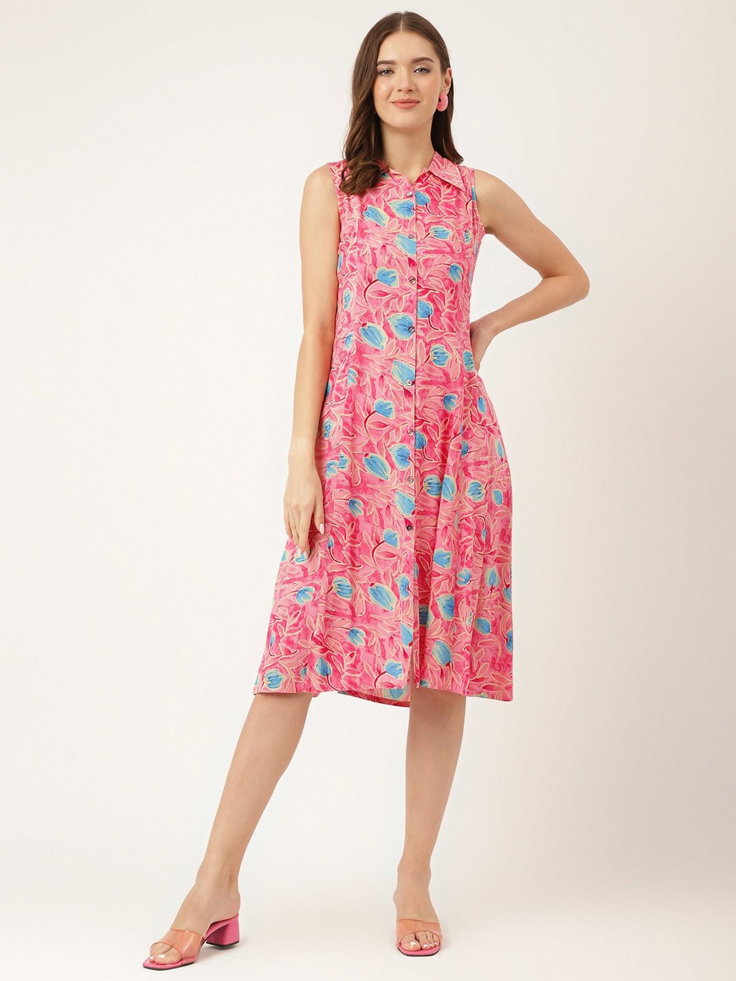Divena Pink Floral Print Ethnic Dress With Unstitched Sleeves