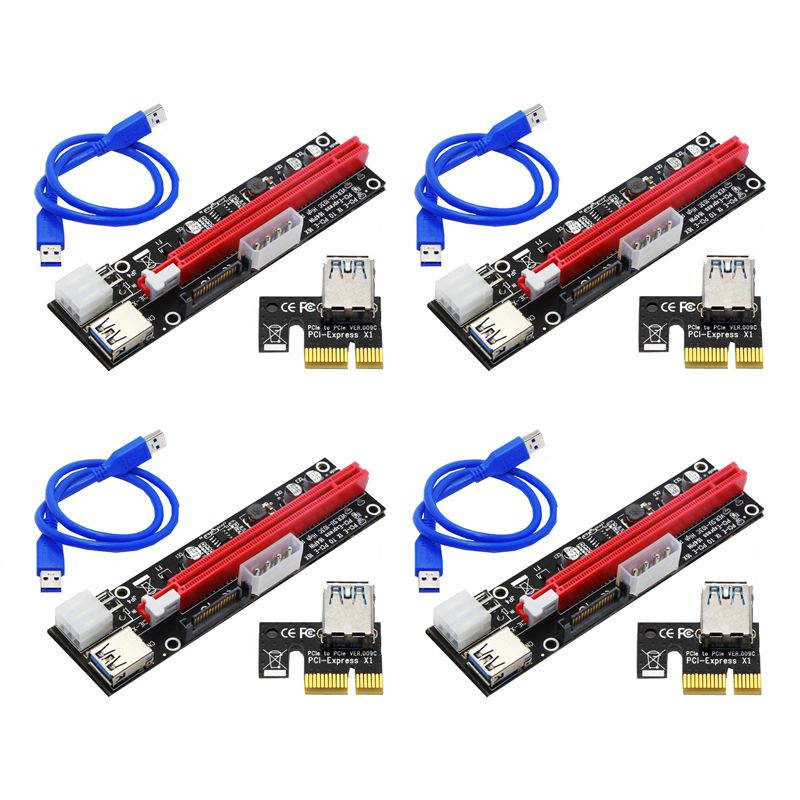 Ubit 4 Pack Latest PCI-E Riser Express Cable PCIE X1 to PCIE X16 (6pin / MOLEX/SATA) with Led Graphics Extension Ethereum ETH Mining Powered Riser Adapter Card+60cm USB 3.0 Cable