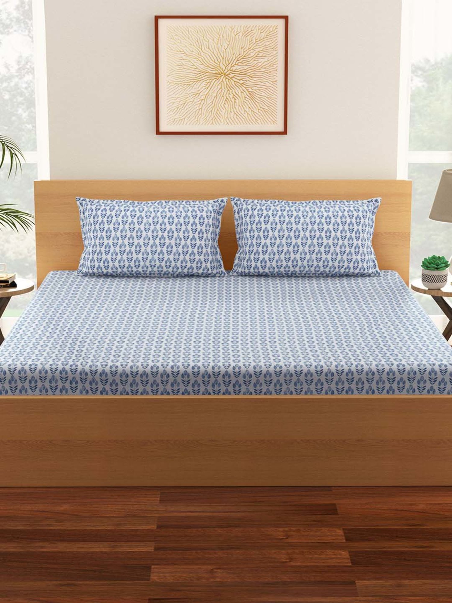 Living Scapes by Pantaloons Blue Blend 128 TC King Bed Sheet with 2 Pillow Covers