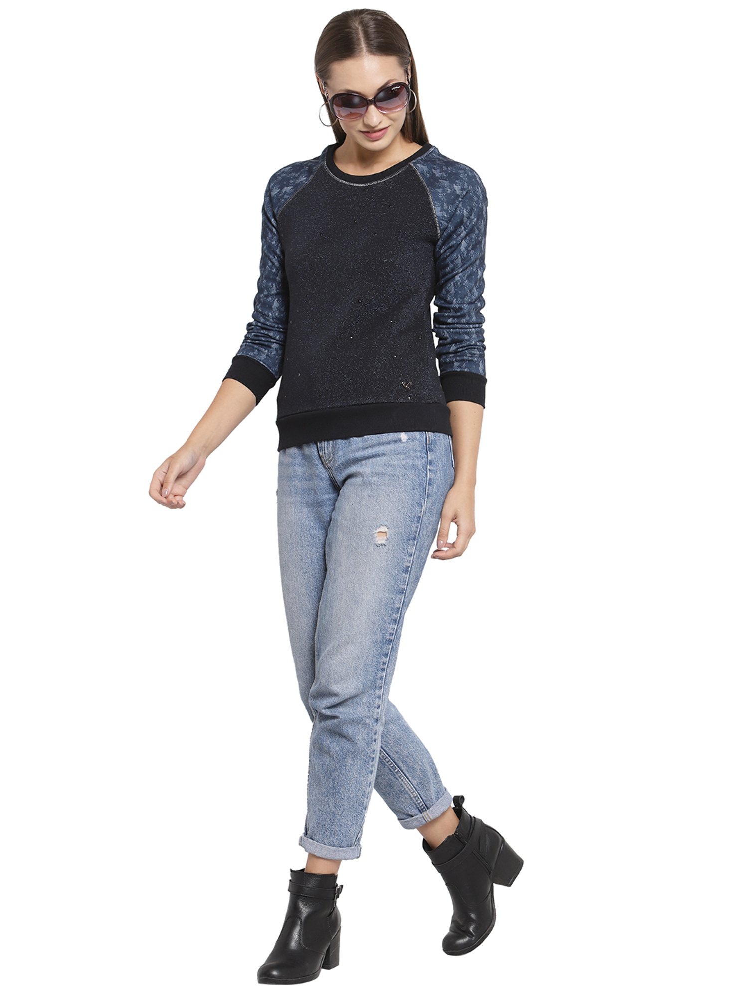 Juelle Navy Embellished Round Neck Sweatshirt