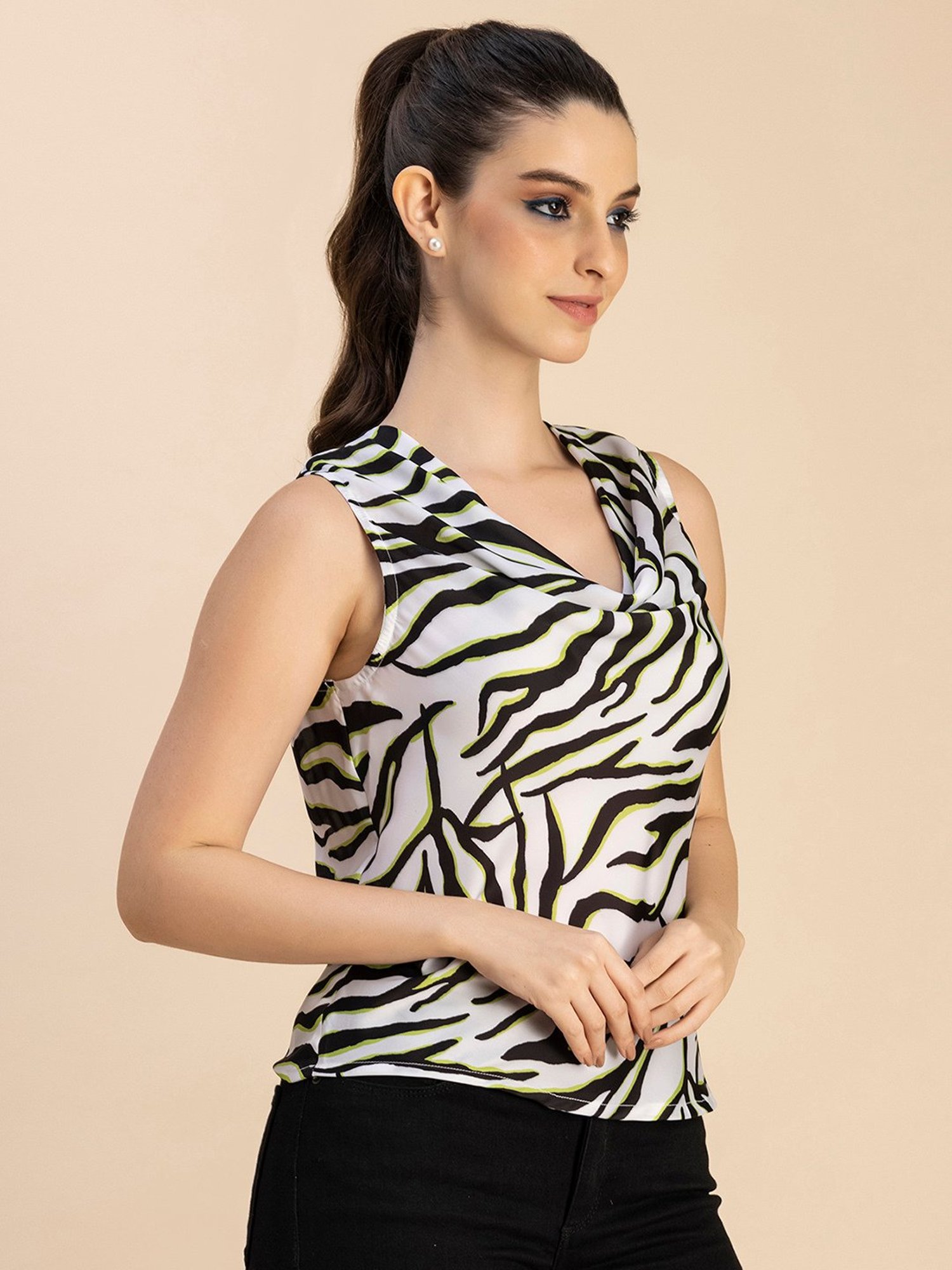 Moomaya White & Black Printed Top