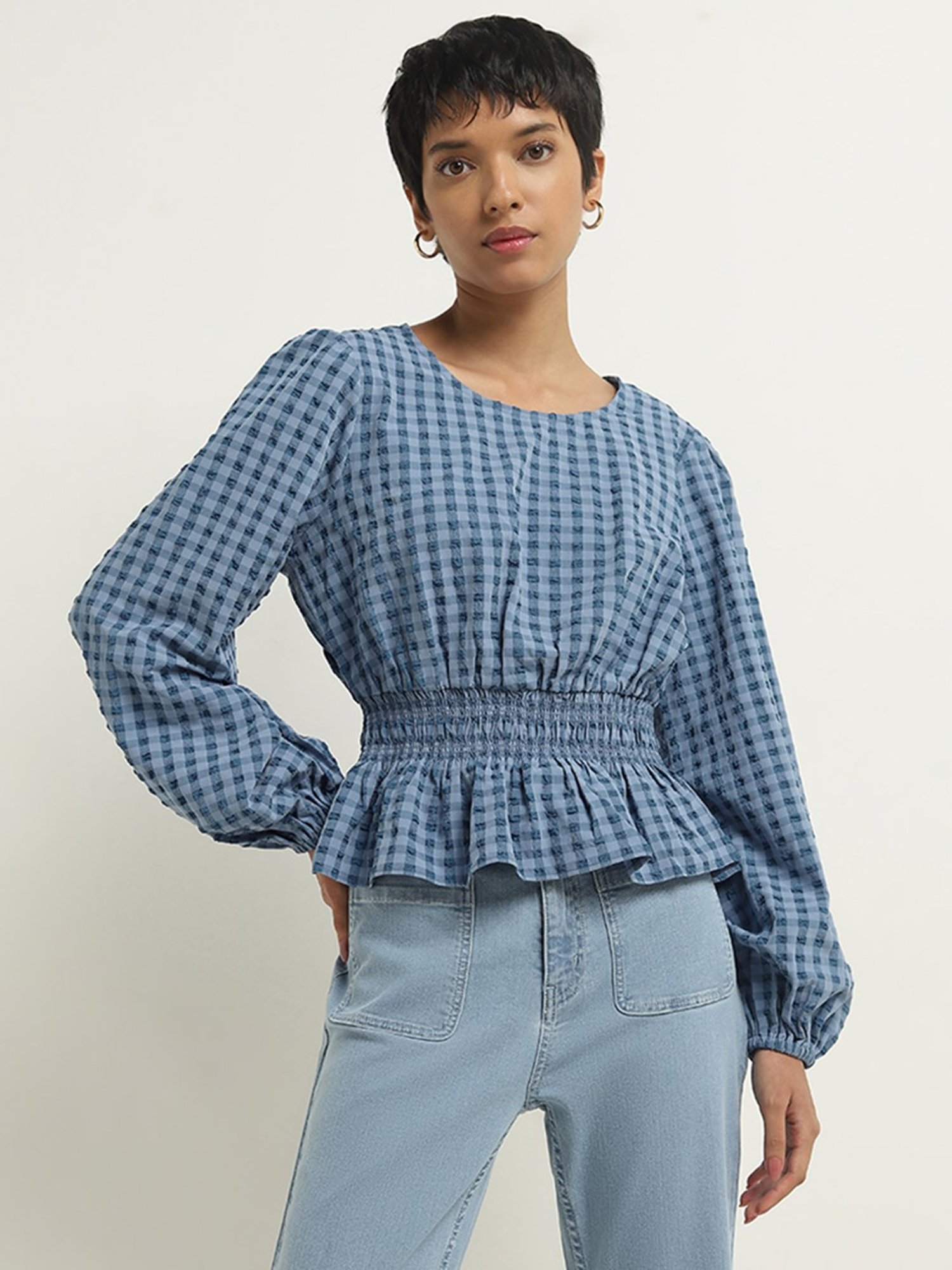 LOV by Westside Blue Gingham Checkered Peplum Top