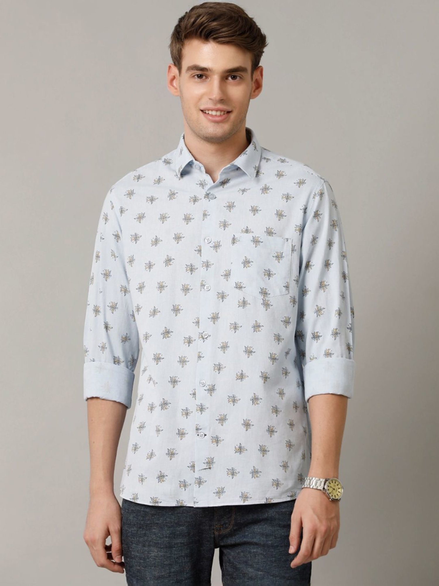 Cavallo By Linen Club Blue Linen Contemporary Fit Printed Shirt