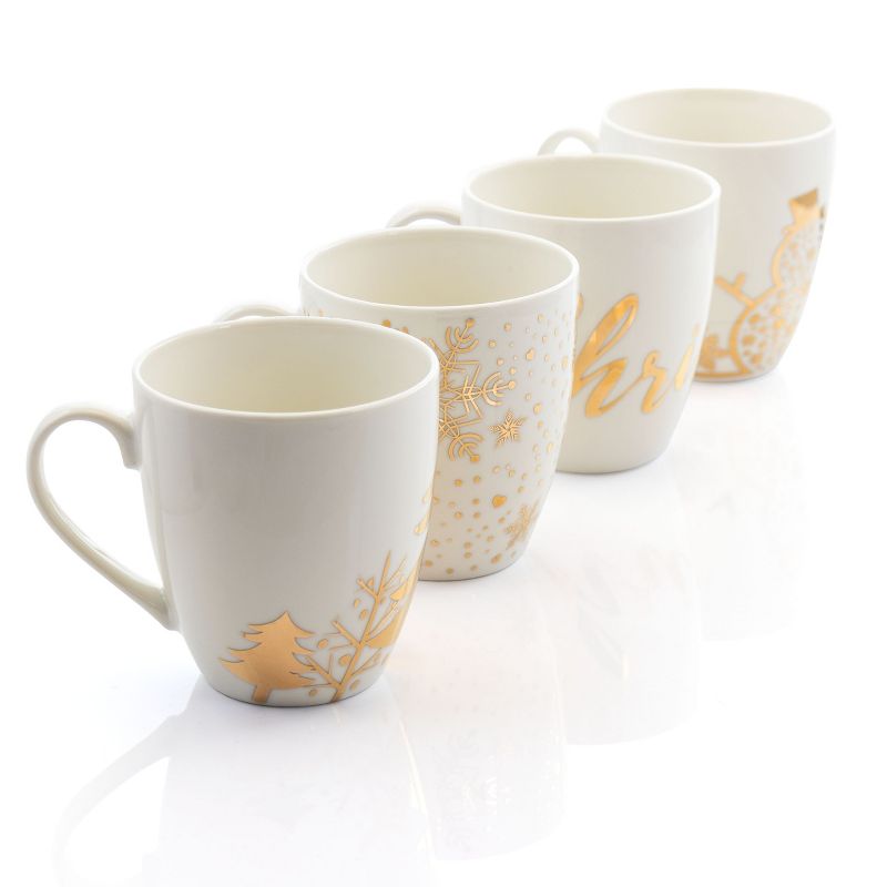 Gibson Home 4 Piece Holiday Gold 20 Ounce Fine Ceramic Mug Set with Assorted Designs
