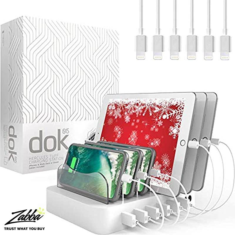 Charging Station for Multiple Devices, with 6 USB Fast Ports, Compatible with Cell Phones, Smart Phones, Tablets, and Other Electronics, White